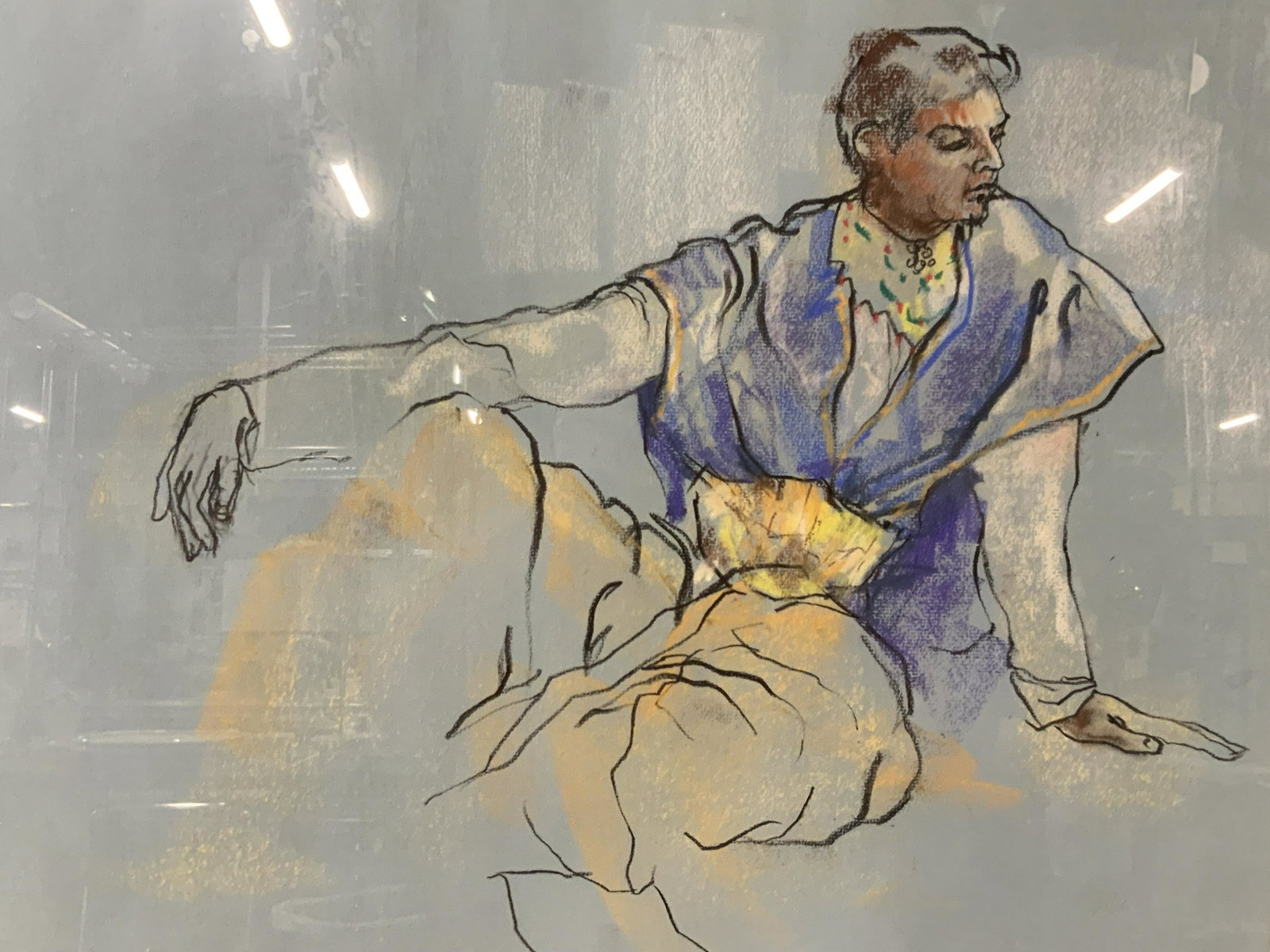 Signed Framed Art Pastels On Paper: This is a framed piece of art, depicting a man reclining, and resting on his arm. The piece is signed in the bottom right corner of the image, illegibly. The work is double matted, and set beneath gla