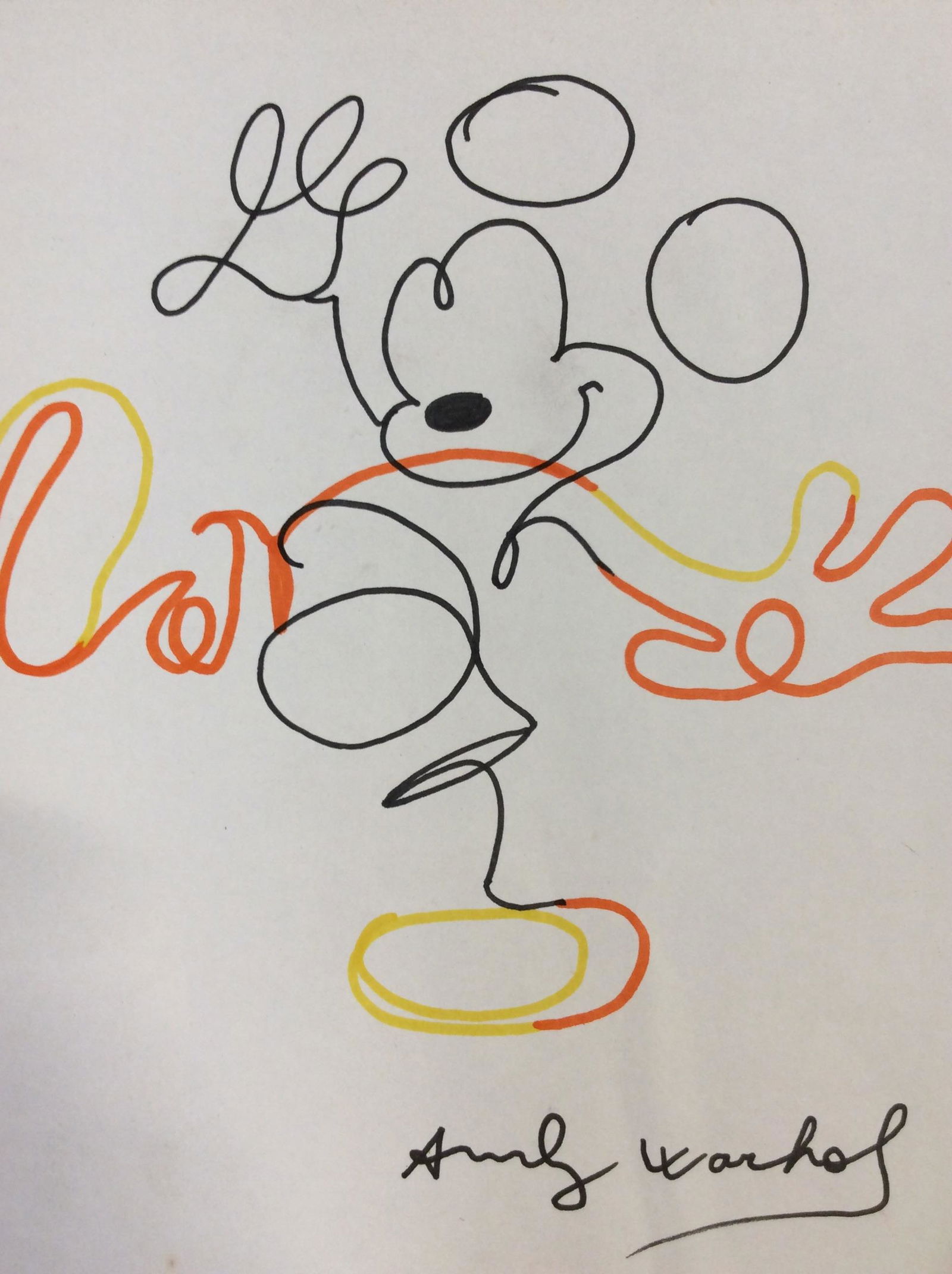 Mickey Mouse Drawing, After Warhol: Some toning to paper consistent with age and exposure. Measures approx 8 in by 9 in. All lots that do not carry established documented provenance nor any past record of auction history record are desc