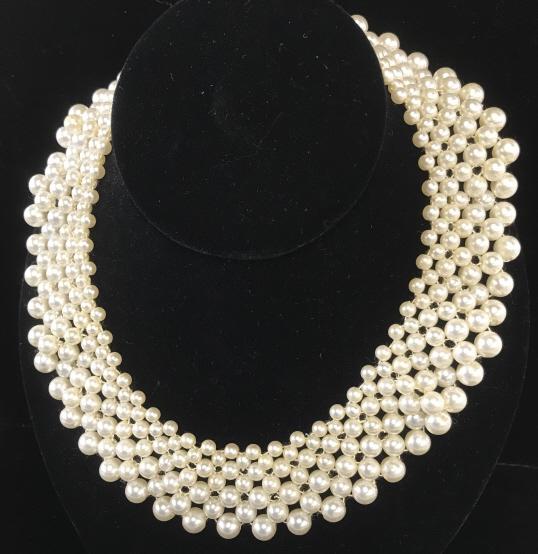 Pearl Style Collar Bib Necklace: Reticulated pearl design, graduated size , 4 mm - 7 mm app. 1 1/8 in. wide. Hook and loop clasp. App 5 in. diameter. Collar Bib Necklace, Pearl Style Choker, Pearl Collar, MCM Style Collar Necklace, E