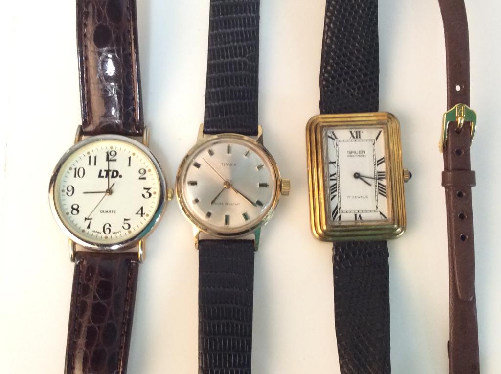 Lot 3 Vintage Wristwatches: Men’s or women’s wristwatches. Watches include Timex, Gruen Precision, & LTD. Round and rectangular Watch heads. Leather bands, one needs replacement. LTD head measures 1 1/4 in diameter, stainles