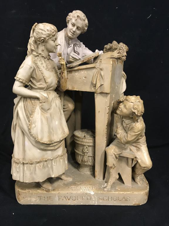 JOHN ROGERS The Favored Scholar Plaster Sculpture: Vintage Possibly Antique Marked JOHN ROGERS New York, The Favored Scholar, Patented April 1, 1873. A Plaster sculpture depicting two students with teacher, some chips to painted plaster, chip to corne
