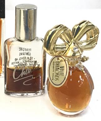 Vintage Perfumes, Inc. CHARLIE, GIORGIO, Lot 5: Vintage Revlon CHARLIE Perfume, half bottle available in .1 Oz bottle. Vintage GIORGIO Beverly Hills, half bottle. Full ANNE KLEIN II. FULL .8 oz. Elizabeth Taylor WHITE DIAMONDS Parfum. ESTEE LAUDER