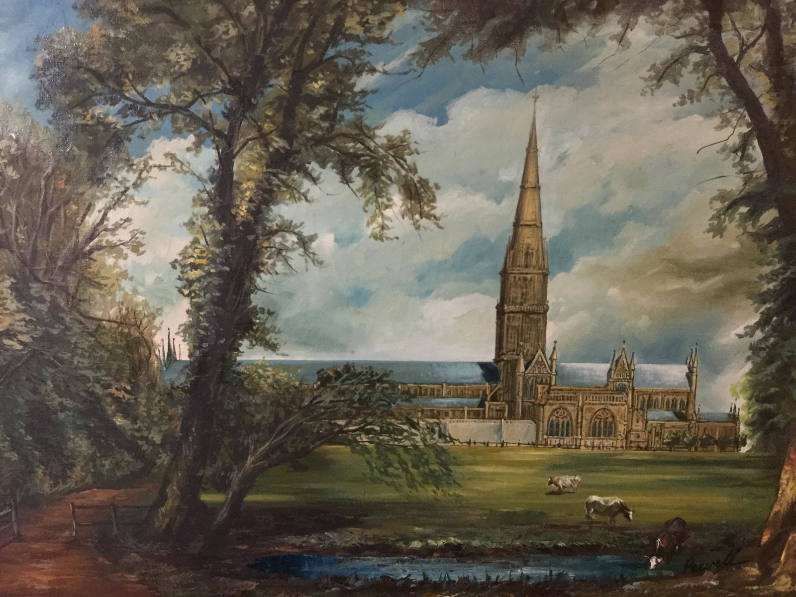 Oil On Canvas Church & Cows Signed Powell: Oil on canvas, landscape of a French gothic church on countryside with cows, thick painterly brushstrokes, impressionist Style, Signed Powell in the lower right corner in black, green and blue palette