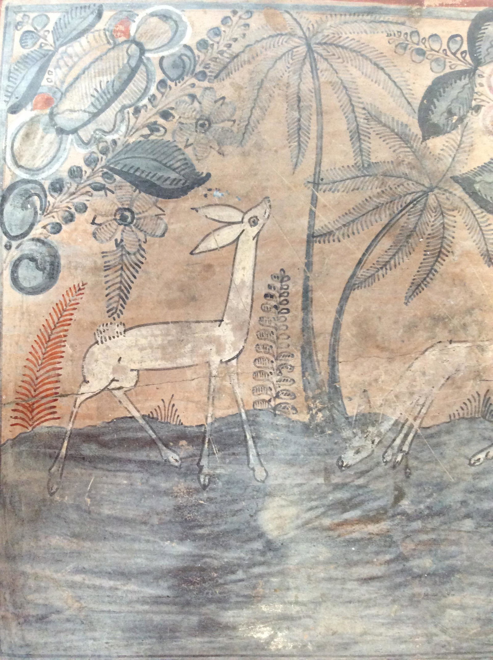 Antique Folk Art Primitive Painting Ceramic Tile: Painting is antique appears to Be on ceramic tile. Piece have primitive stylings. Piece measures approx 9.5 inches square. APPARENTLY NOT SIGNED. Piece appears to depict 2 animals grazing outdoors. Pi