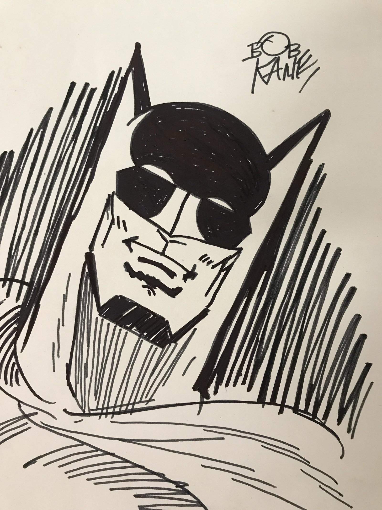 Signed Batman Marker Drawing, After Bob Kane: Signed Batman marker drawing on paper, signed Bob Kane upper right, Unframed, Image 8.25 inches by 11.25 inches, Some toning and spots to paper, wear on edges, All lots that do not carry established d