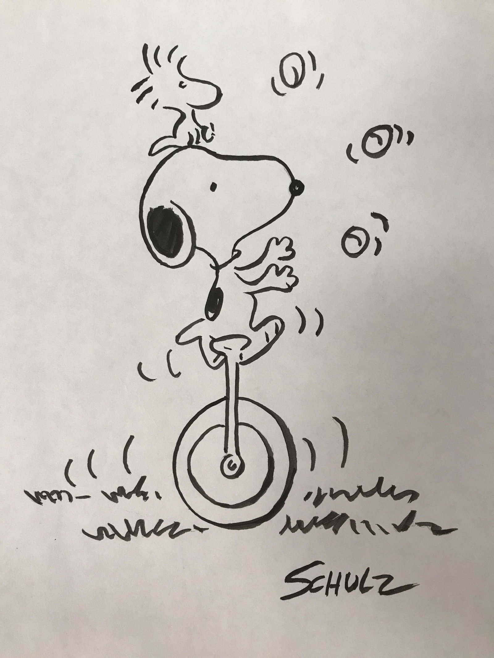Signed Snoopy Drawing, AFTER Charles Schulz: Signed Snoopy and Woodstock marker drawing on paper, signed Schulz in lower right corner, Unframed, Image 7.75 inches by 9.75 inches, some slight marks to paper on reverse. All lots that do not carry 