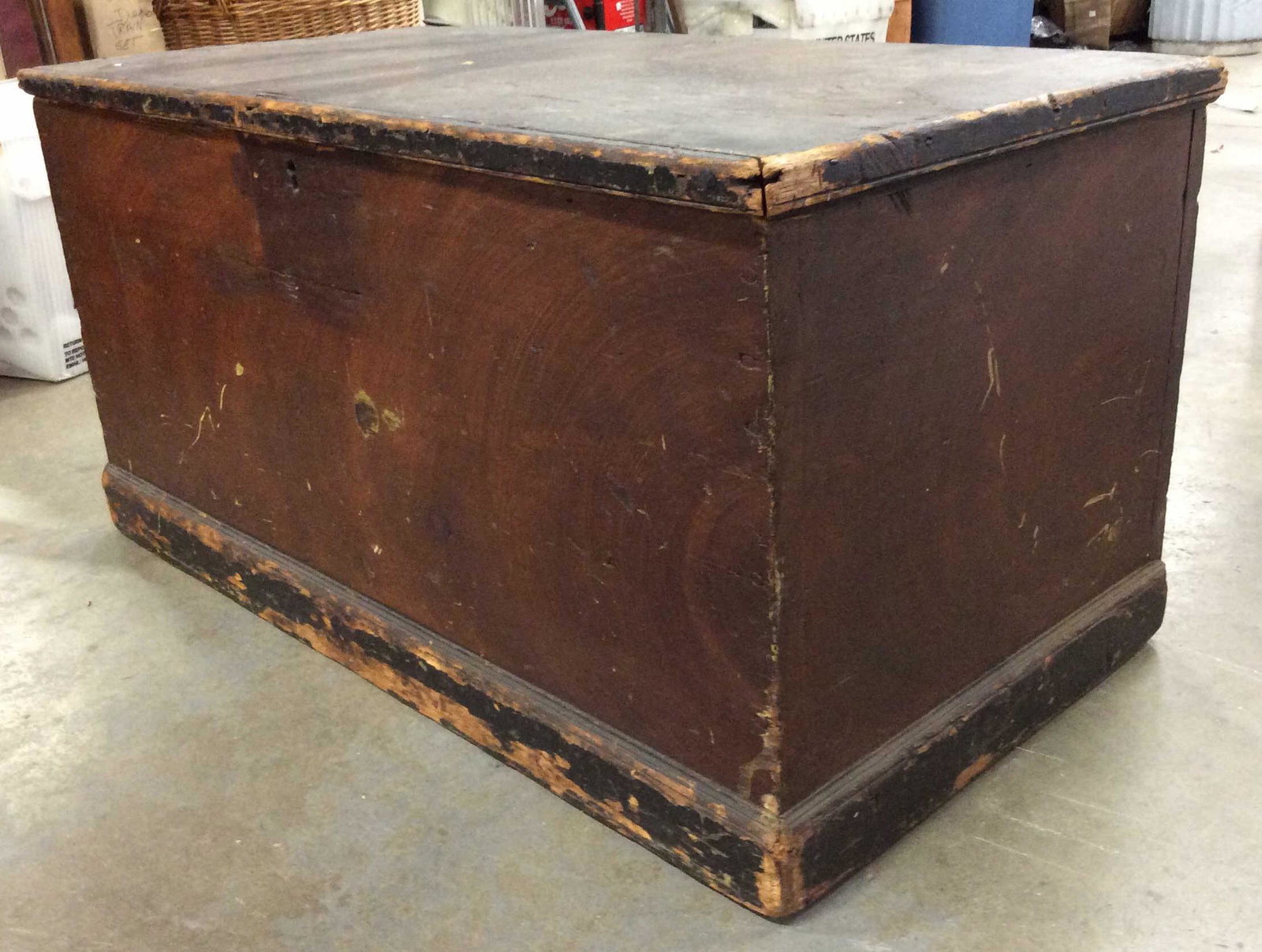 Antique Carved Wooden Lidded Chest: Chest is antique and wooden. Chest includes lid. Piece measures approximately 31 inches long 16 inches tall & deep. Piece has evident scratches and wear. Lid needs reattaching. Piece may need addition