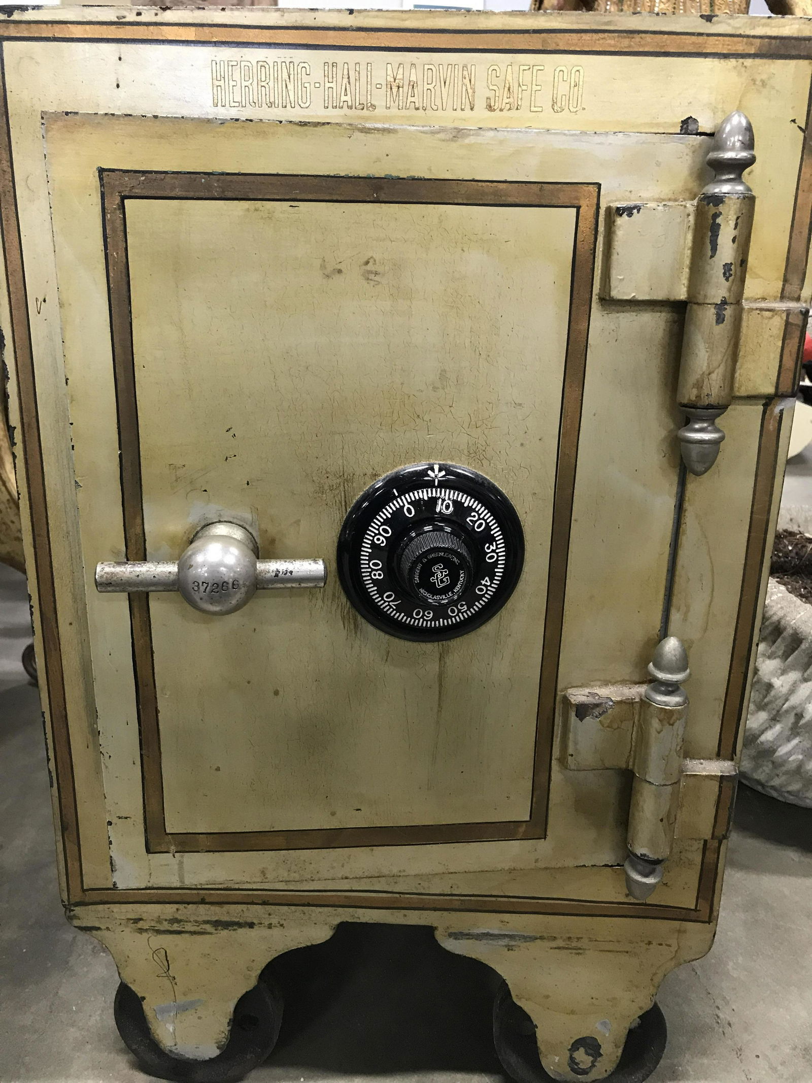 Vntg Herring Hall Marvin Safe Co: Floor Safe on wheels (move side to side) measures 25.5 in. tall, 15 3/4 in wide, 18 in deep. Interior has retro green carpet, 2 wood shelves ( not removable), a corner safe deposit box with key (8.5 i