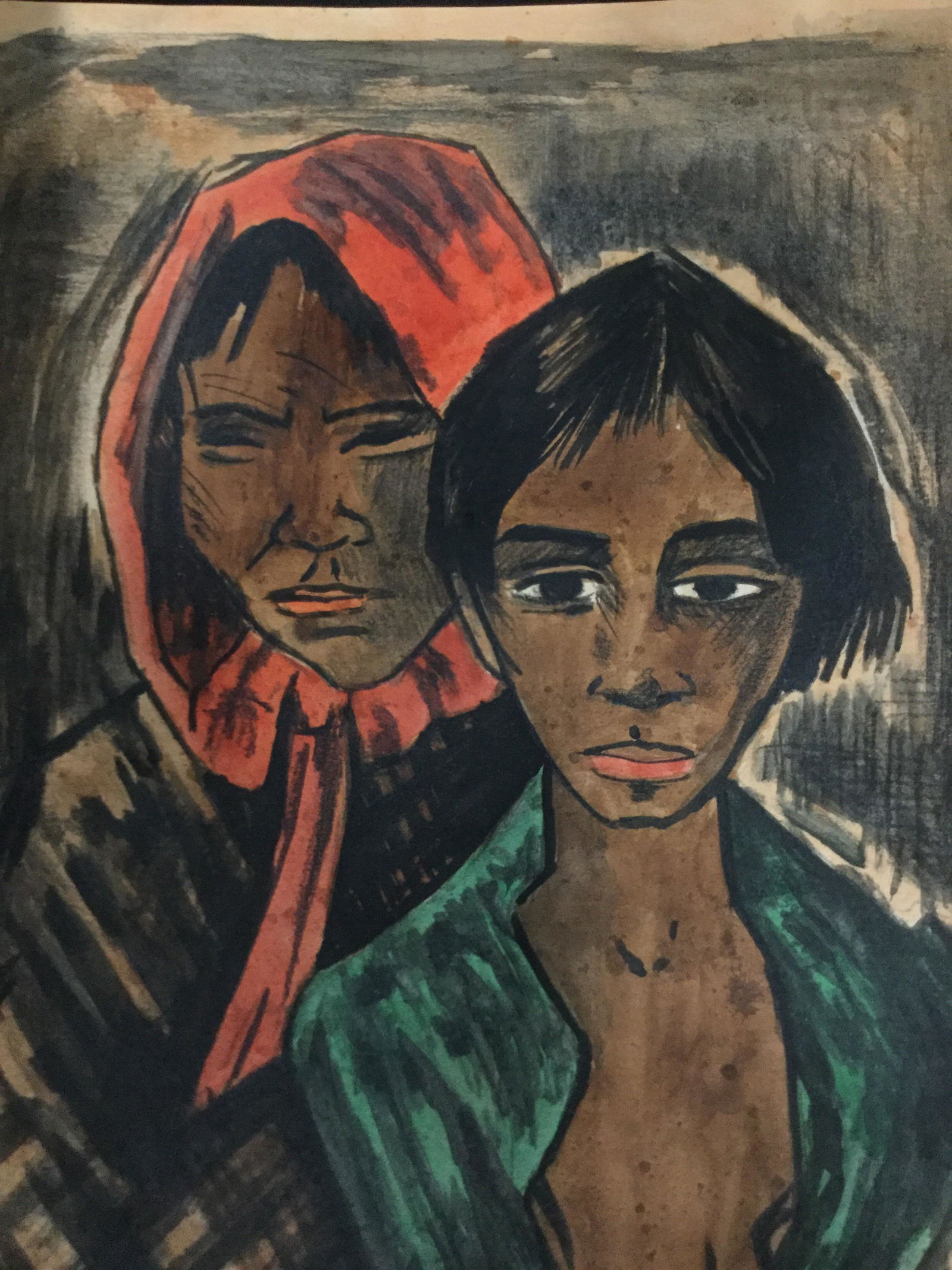Signed Mixed Media Sketch AFTER Otto Mueller: Mixed Media Sketch On Paper or two people, features person in green in forefront and older woman in red head shawl, signed in lower right corner Otto Mueller, All lots that do not carry established do
