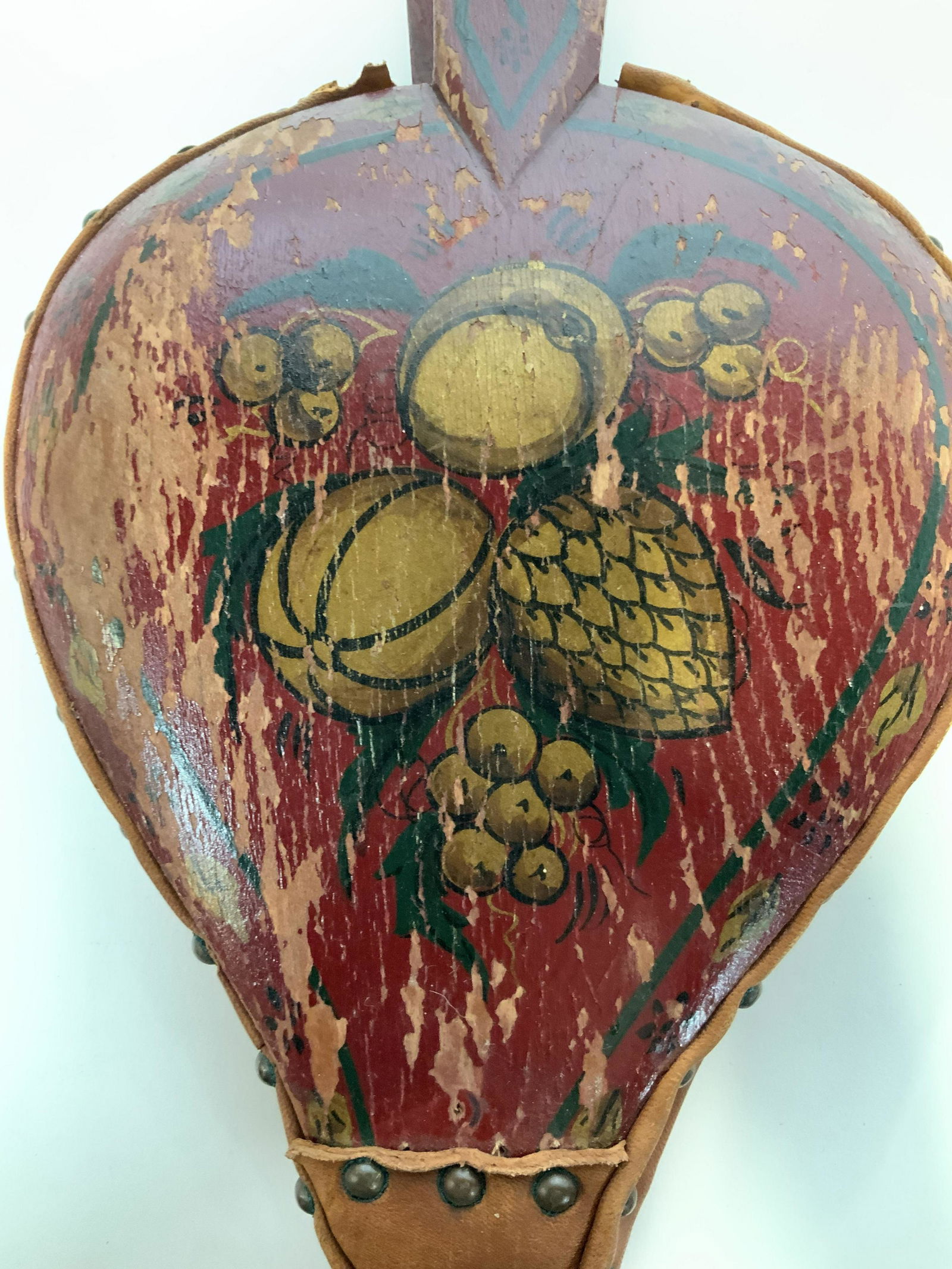 Lot 3 Decorative Hand Painted Kitchen Utensils: This is a set of 3 vintage, possibly antique, hand painted kitchen utensils. The lot includes a billow, a rolling pin, and a cast iron shovel fireplace tool, The shovel and rolling pin are both signed