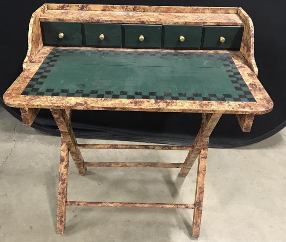 Hand Painted Folk Art Desk: Vintage possibly Antique Hand Painted Folk Art Desk With faux marbleized brown and beige toned painted finish, dark green painted desktop with black checkerboard boarder and five top storage drawers i