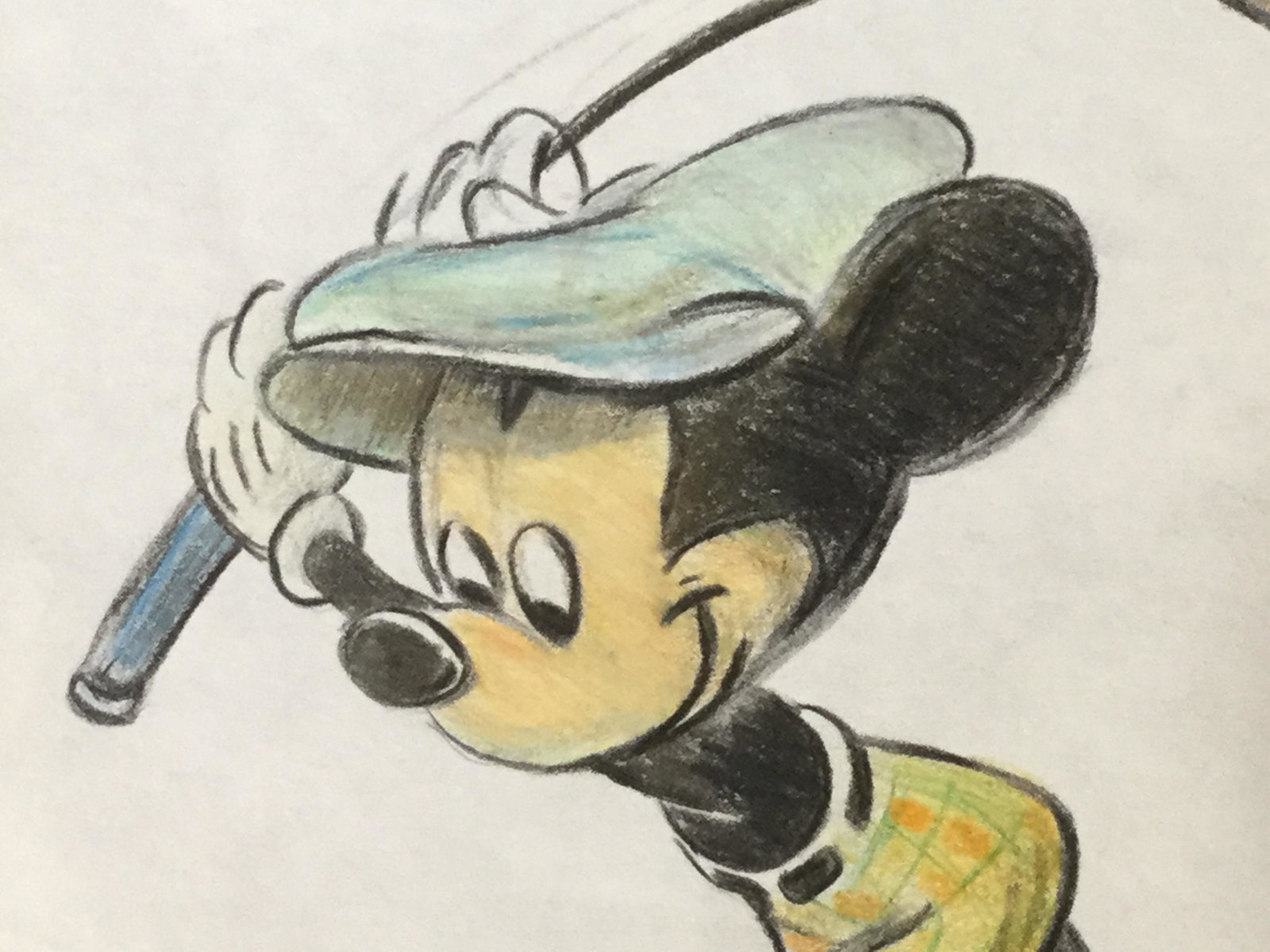 Signed Pencil Drawing Of Mickey Mouse AFTER Disney: Disney Colored pencil Drawing Of Mickey Mouse, subject Mickey Mouse golfing, light color palette, measures 5.75 inches wide by 7.75 inches tall, Signed lower right corner Walt Disney, reverse stamped