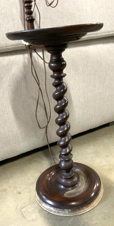 Mahogany Barley Twist Table w Lamp: Floor lamp, standing lamp, barley twist form with circular drinks table top, home fuirnishings and accessories, measures ht app 51 inches, table diameter app 12 inches