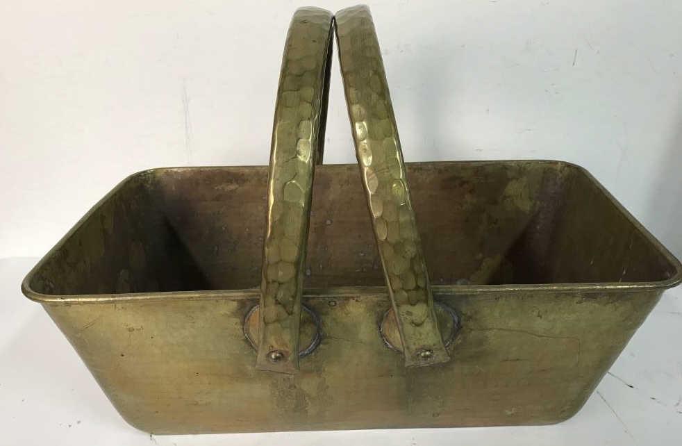 Large Hammered Brass Bucket double handled, Italy: Marked underside 1256 Solid Brass, made in Italy, has two large handles, measures ht if handles up app 16 inches, length 23 inches width 13 inches