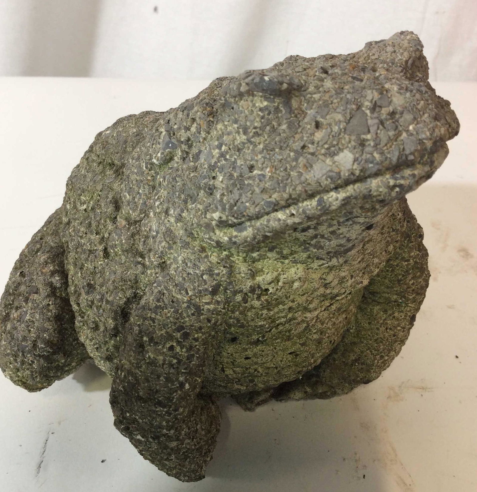 Cement Garden Frog/Toad Figural Statue: Natural Green Patina from sitting in grass. Measures app 6 1/4 in. tall, 6 in. long, 7 in. wide. Lot surface crack on belly. Cement Frog, Vintage Garden Lawn Sculpture, Cement Toad Jardiniere Accessor
