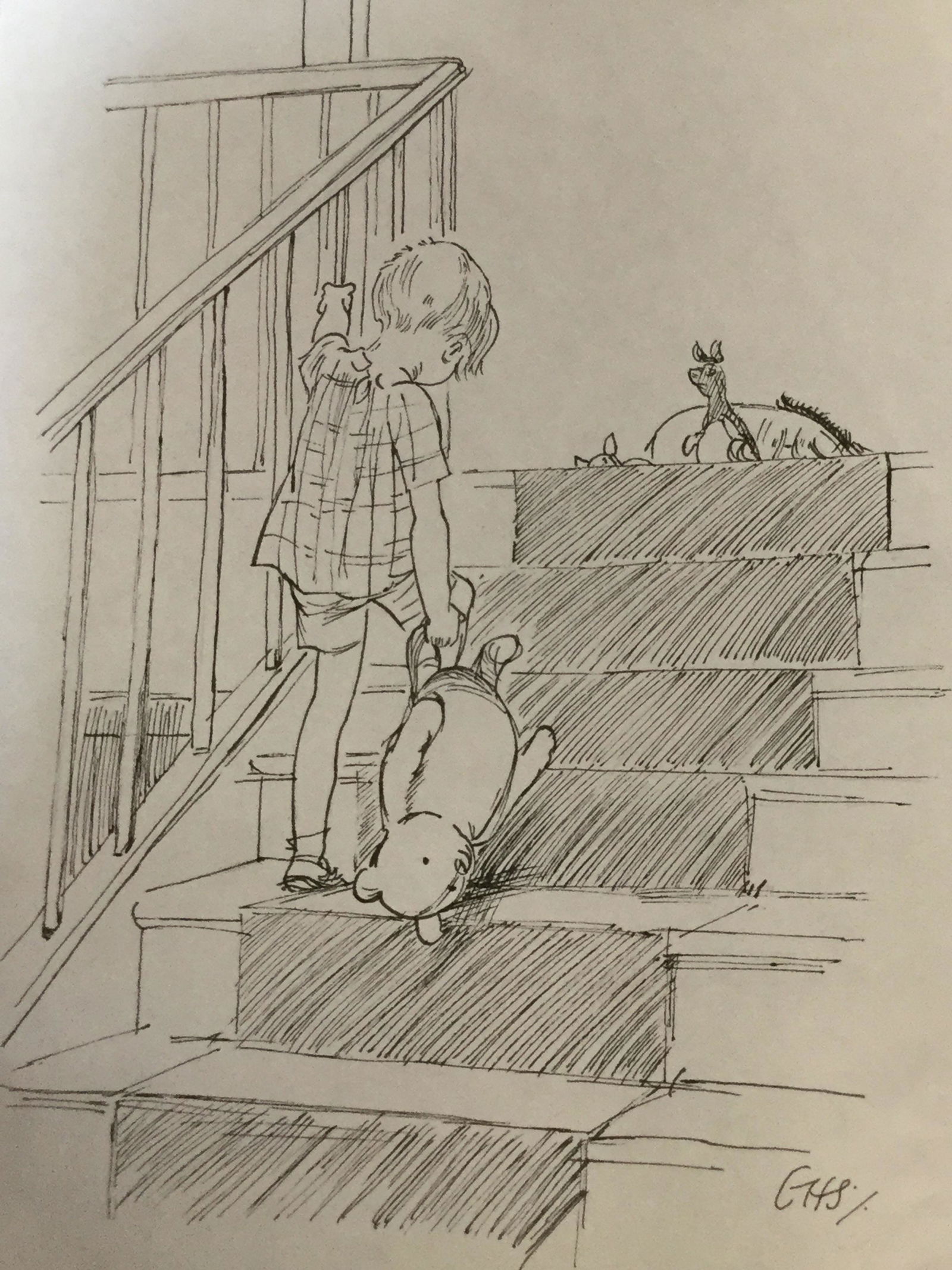 Signed Winnie The Pooh Drawing AFTER E.H. Shepard: Signed pen Drawing on paper, subject Christopher Robin climbing stairs with Winnie the Pooh and with Eeyore, Piglet and Kanga waiting at the top of the stairs, monotone, paper in good condition, small
