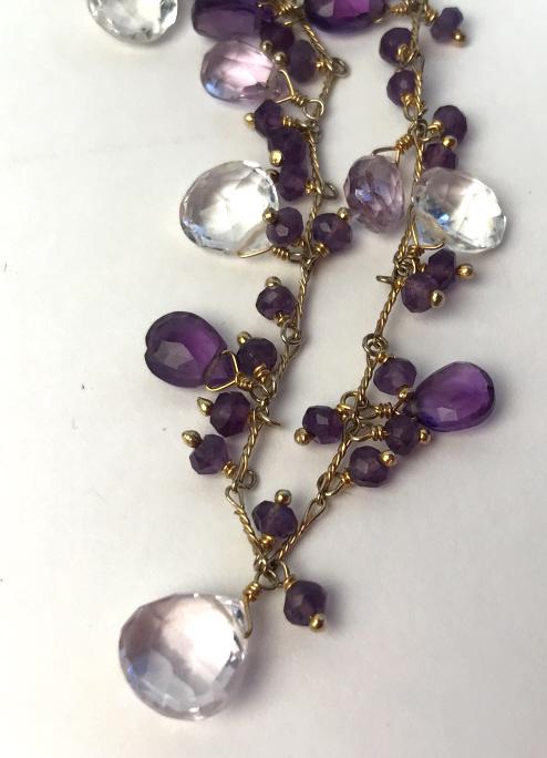Gold-Washed Sterling Necklace W Amethysts & Spinel: Gold-washed sterling silver necklace with amethyst and clear semiprecious gemstones, possibly colorless SPINEL, possibly clear quartz gemstones. Lobster clasp closure. Clasp is marked 925 for sterling