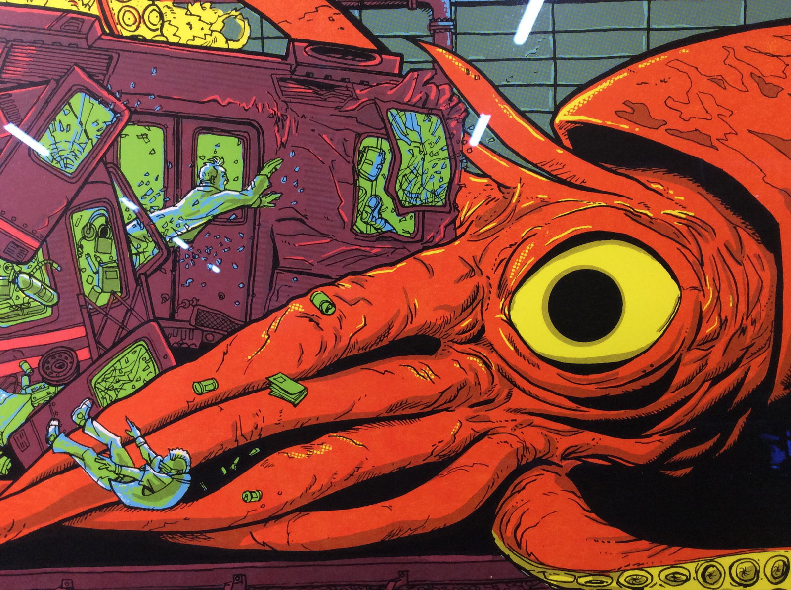 Signed Limited Edition Pop Art Lithograph: Signed limited edition lithograph print, signed in pencil Lower left matting Tim Illegible last name, Edition label in pencil lower right matting 51/150 II, subject squid and subway car colliding, com