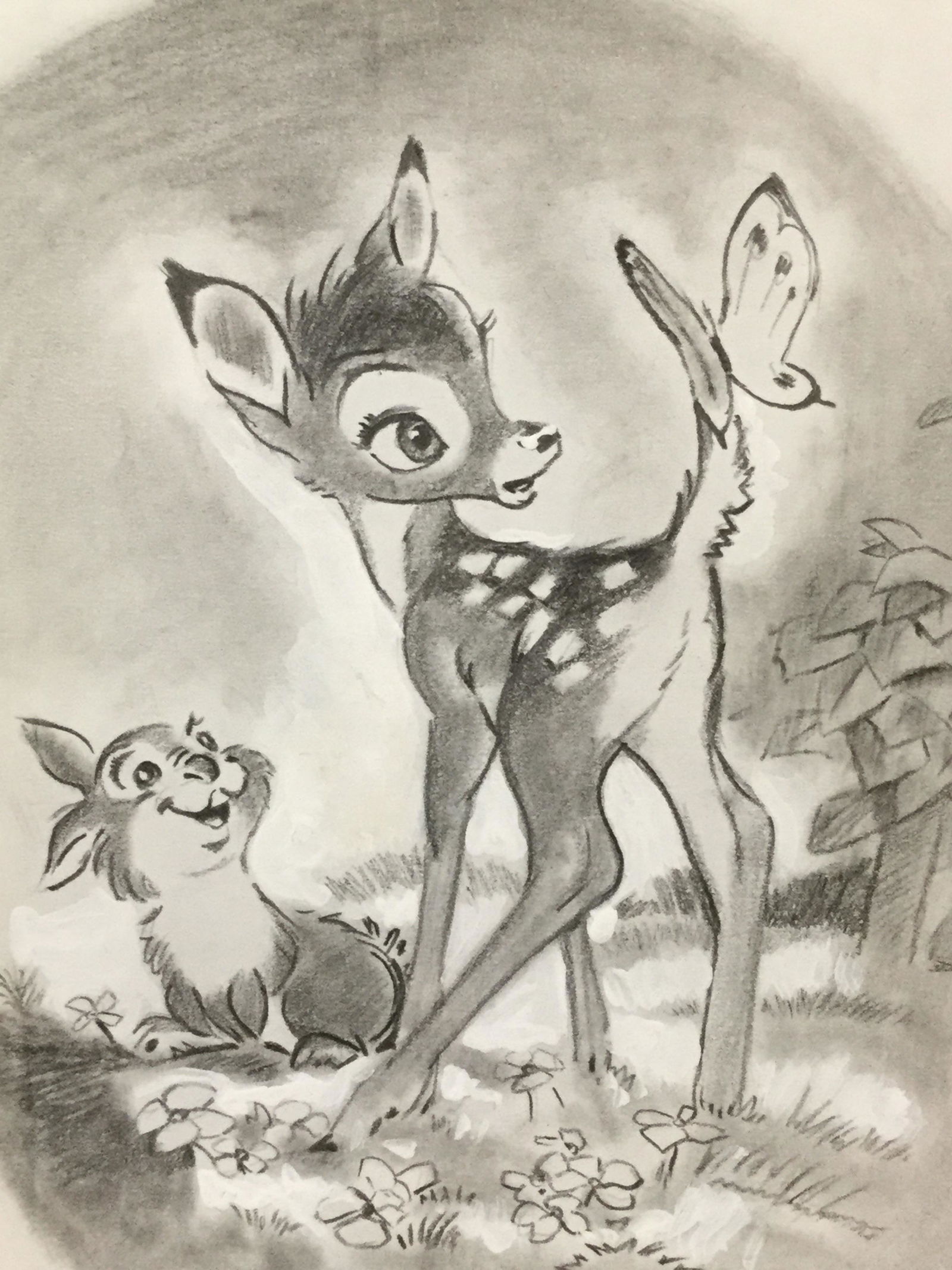 Signed Drawing Of Bambi AFTER Walt Disney: Signed Mixed Media Marker pencil and white acrylic Drawing Of Bambi, subject Bambi and Thumper In a field setting, grey color scheme, unframed measures 5.25 inches wide by 7.5 inches tall, Signed in p