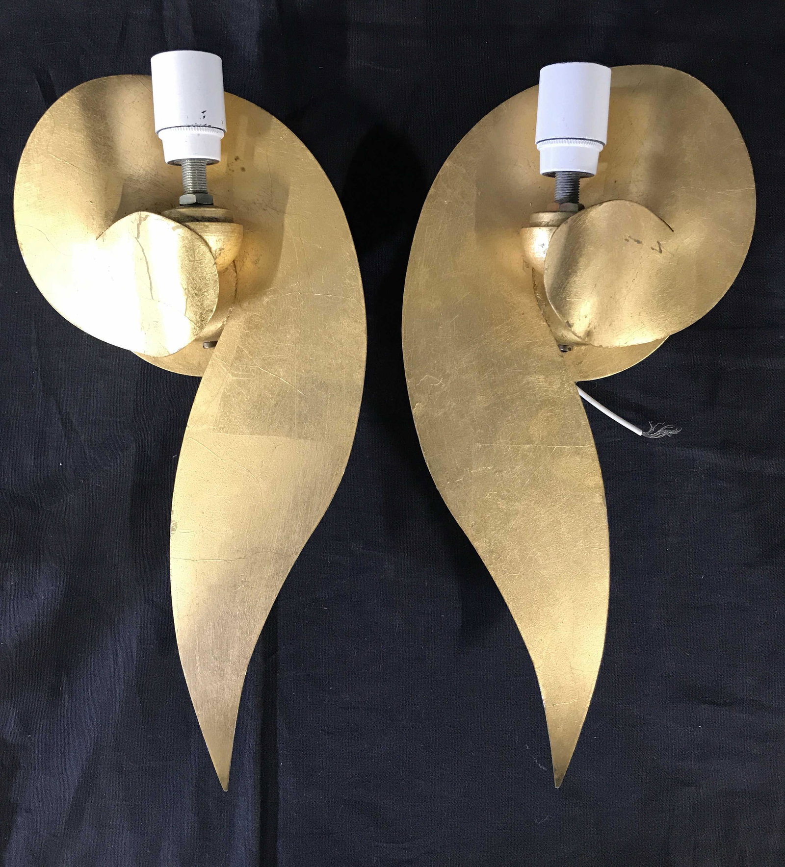 BANCI Gold Toned Italian Metal Wall Sconces: Wall sconces have label on backside which reads BANCI MADE IN ITALY 99. Sconces are possibly vintage. Each appear to possibly be gold leafed. BANCI sconces, Italian sconces, Wall sconces, Italian wall