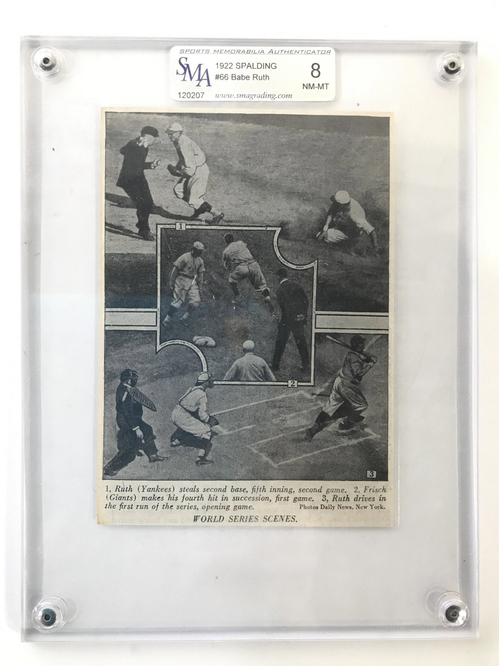 1922 Spalding 66 Babe Ruth Newspaper Clipping: Piece appears to be a newspaper clipping. Piece has been authenticated by SMA SPORTS MEMORABILIA AUTHENTICATOR an 8. Piece depicts multi images of baseball player BABE Ruth. Piece measures approximate