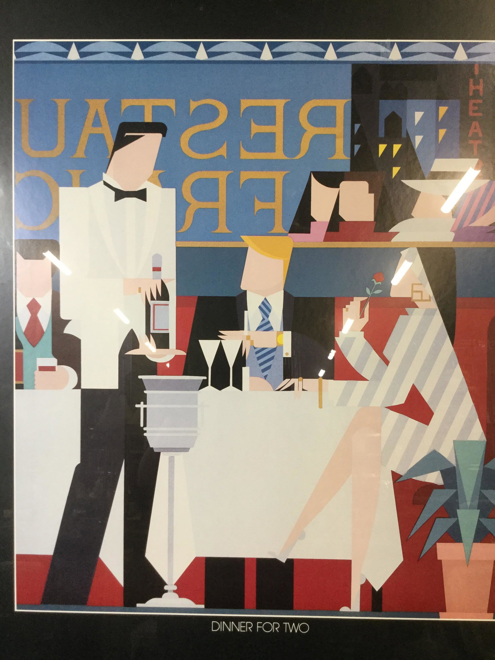 Giancarlo Impiglia New York Art Expo Poster Print: Poster print for Giancarlo Impiglia, art piece in print Dinner for Two, geometric, Art Deco inspired illustration of couple dining, Poster Print for expo, black toned metal frame, measure approx 24 in