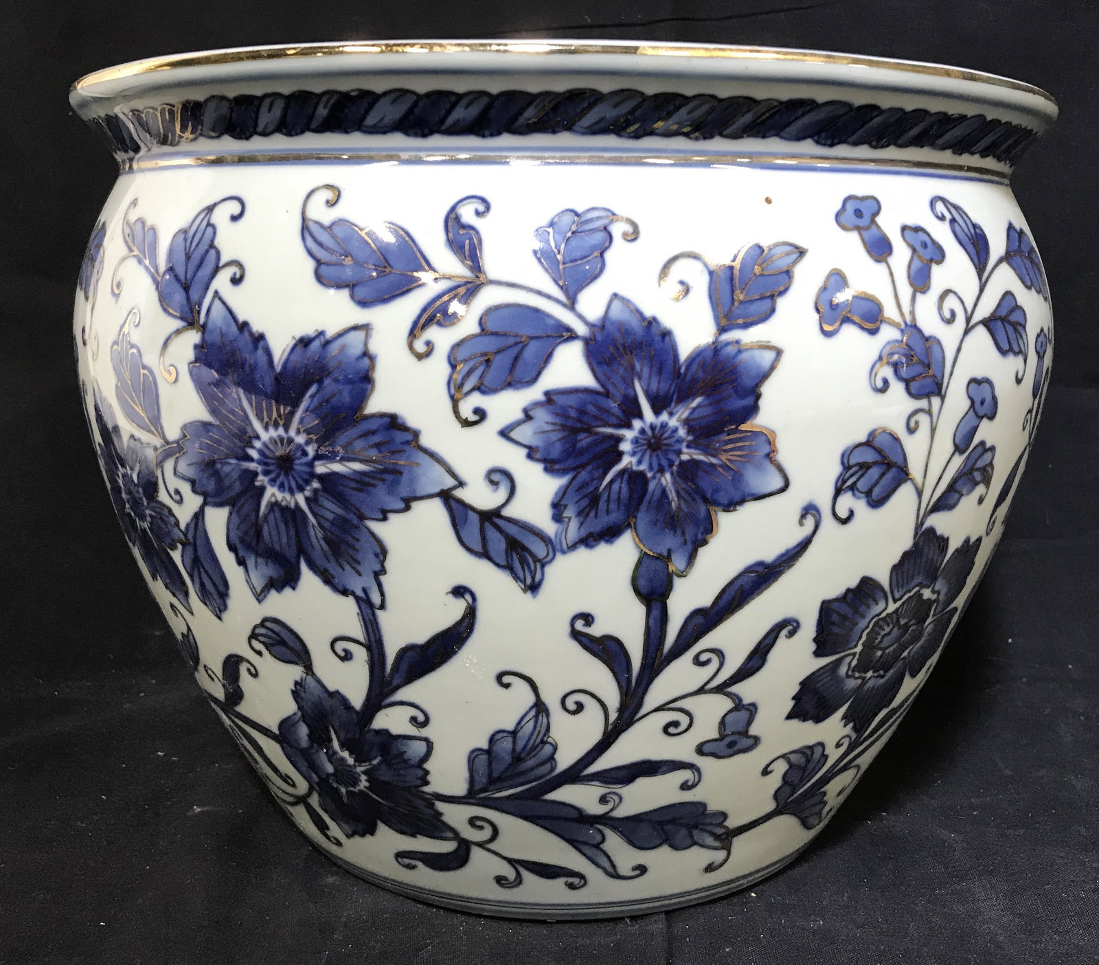 Asian Style Planter, Blue and Gilt Flower Design: Blue toned floral design on grey ceramic, with metallic gold toned outline details. Measures approx 9 1/2 in by 12 in. Home decor, planter cache pot, floor vase, garden accessory, decorative arts and 