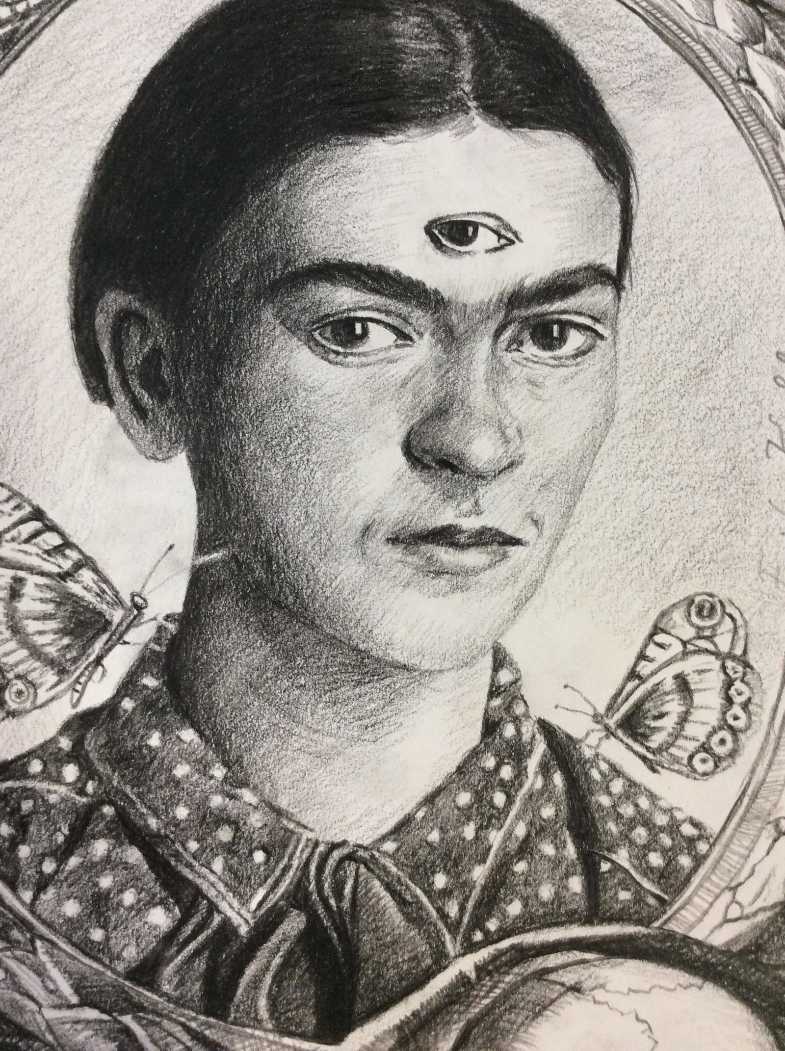 Signed Drawing on Paper, After Frida Kahlo: Signed Drawing, Portrait with iconic unibrow, third eye, butterfly, hear and skull imagery, stamped on reverse Banco de Mexico, F.K. Muses Frida-Kahlo Mexico, unframed, some wear to paper, measures ap