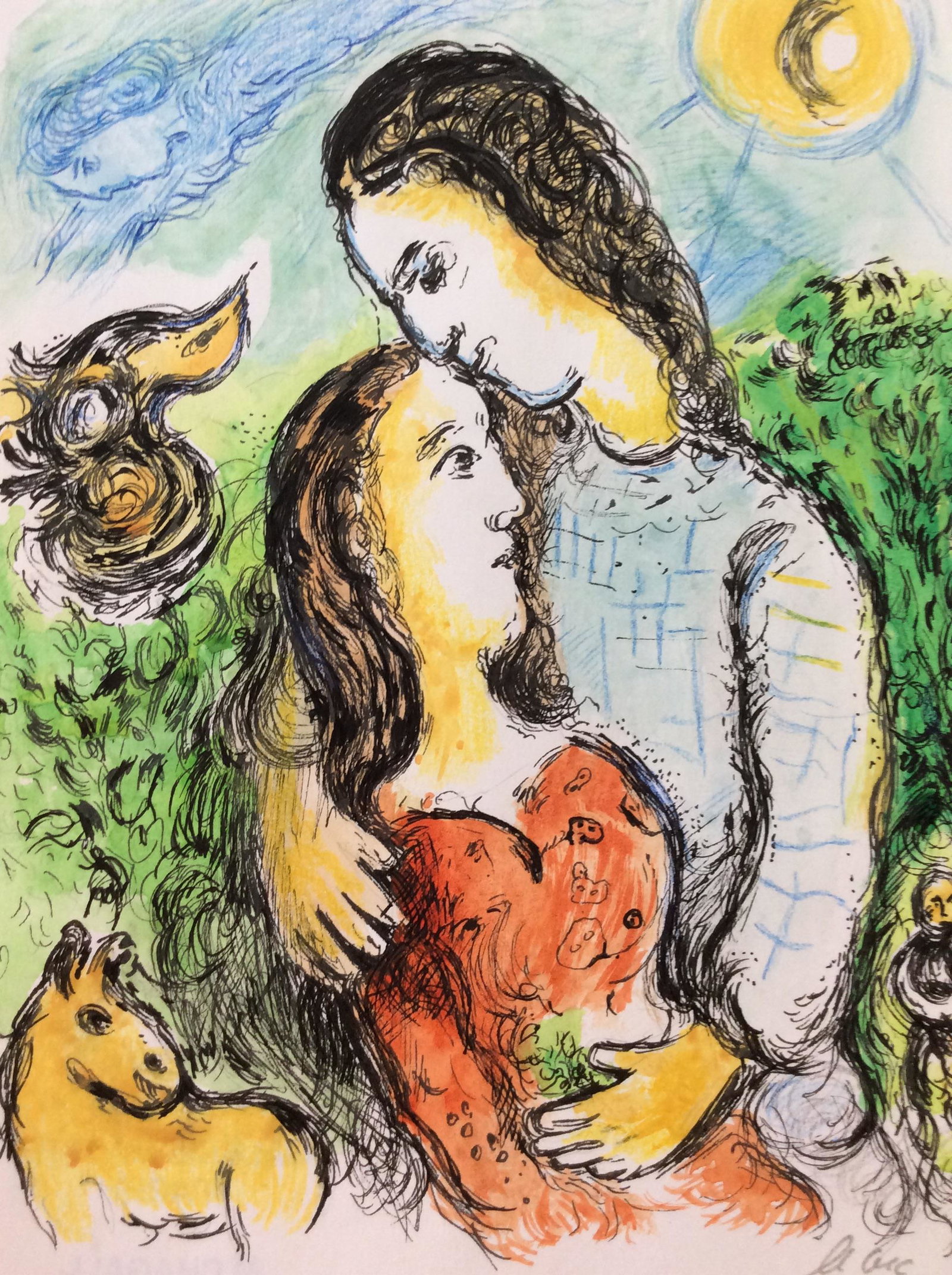 Signed Mixed Media Drawing on paper, After Chagall: Mixed media, appears to be ink with watercolor, and colored pencil, drawing on paper, unframed, wear to paper, Signed Lower right Marc Chagall, two figures in green lush landscape, moon and sun imager