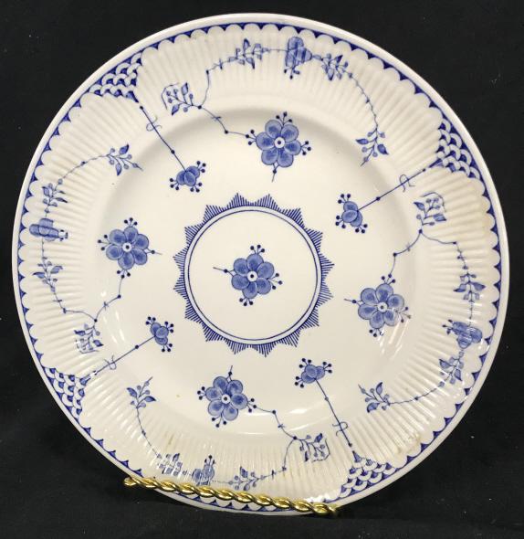 England Furnivals Ltd. Denmark Blue White Plate: Collectible Blue & White Floral Luncheon Plate or decorative collectible. 8 7/8 in. diameter. Underside is stamped DENMARK FURNIVALS LIMITED TRADEMARK ENGLAND with blue Viking ship symbol. Crafted in 