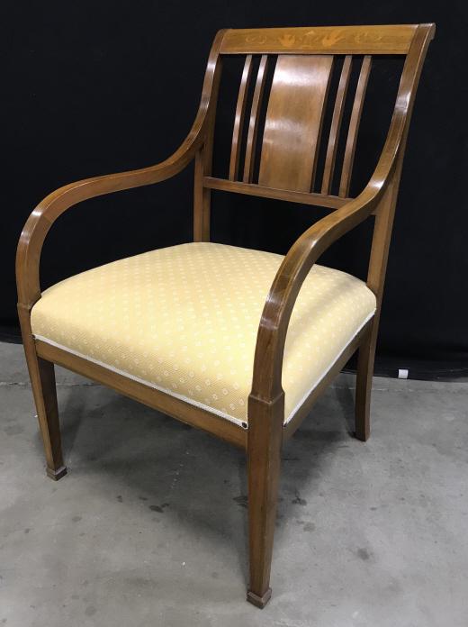 Sheraton Style Chair With Sloped Arms: Sheraton Style Chair W Sloped Arms, tapered front legs, splayed back legs, inlay floral, leaf and swan design on back, and Upholstered seat in cream and gold toned material. Seat needs cleaning, minor