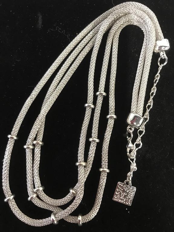 Signed Anne Klein 3 Tier Mesh Cocktail Chain: 13.5-16 in adjustable length chain. Anne Klein Lion Logo charm. Silver Tone. Round mesh app 4 mm thick. Necklace, Tiered Necklace, Multi strand Necklace, Adjustable Necklace, Designer Jewelry, Anne Kl