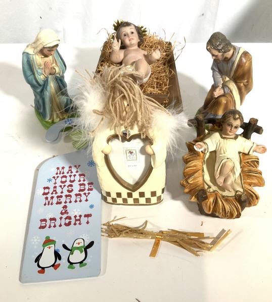 Set 6 Nativity Scene & Christmas Decor: This set contains several pieces from a nativity scene as well as other Christmas decor. The largest piece measures approx 3 by 5 by 7.5. There is wear and loss present on the pieces, chipping is pres