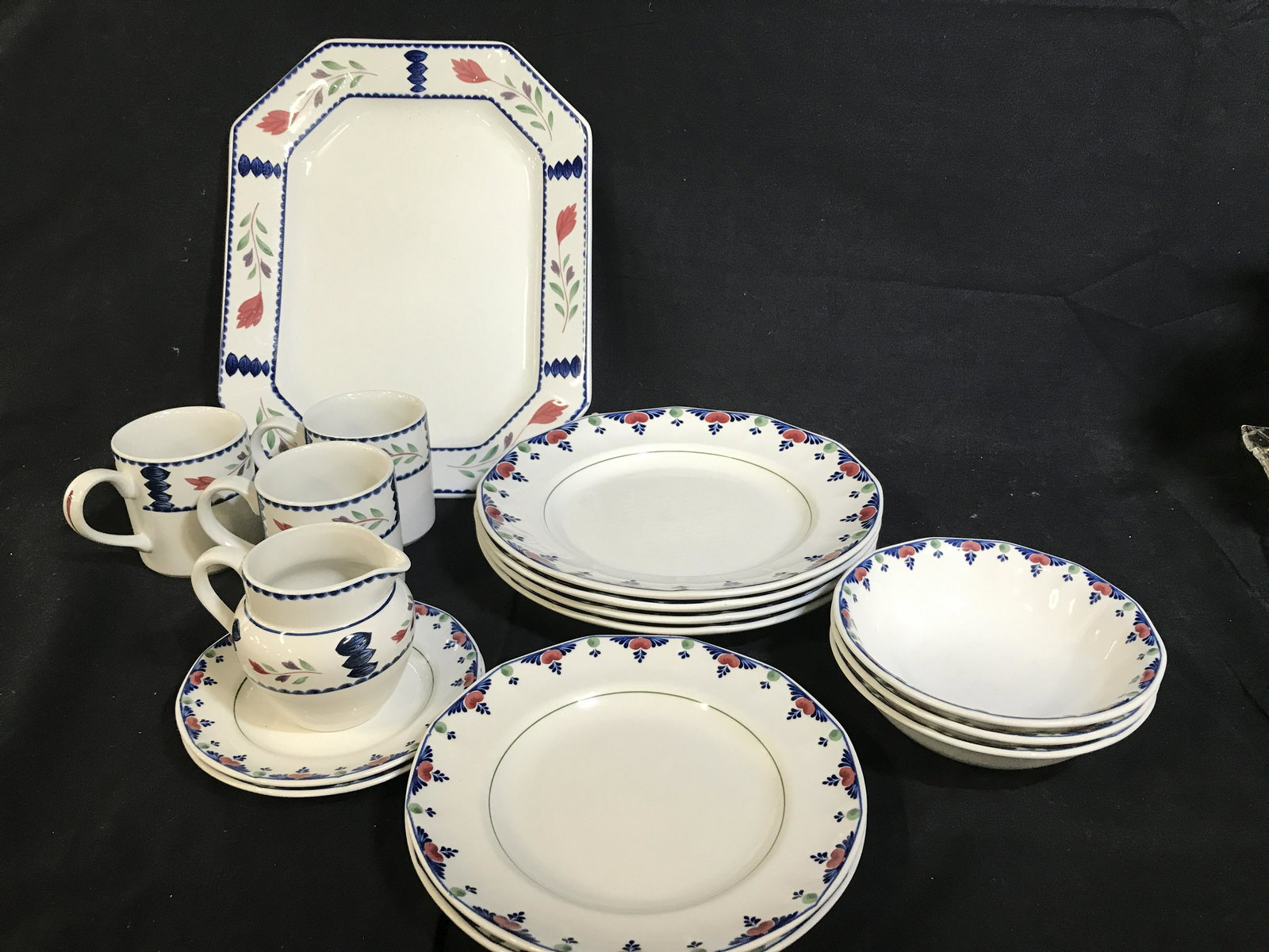 Adams Part Set 16 Ironstone Dinnerware, England: Dinnerware ironstone partial Set, Pattern Veruschka, underside reads ‘Adams, Real English Ironstone, Made in England ‘ Vibrant painted floral borders. 3 coffee mugs 1 creamer 3 cereal/soup bowls 2