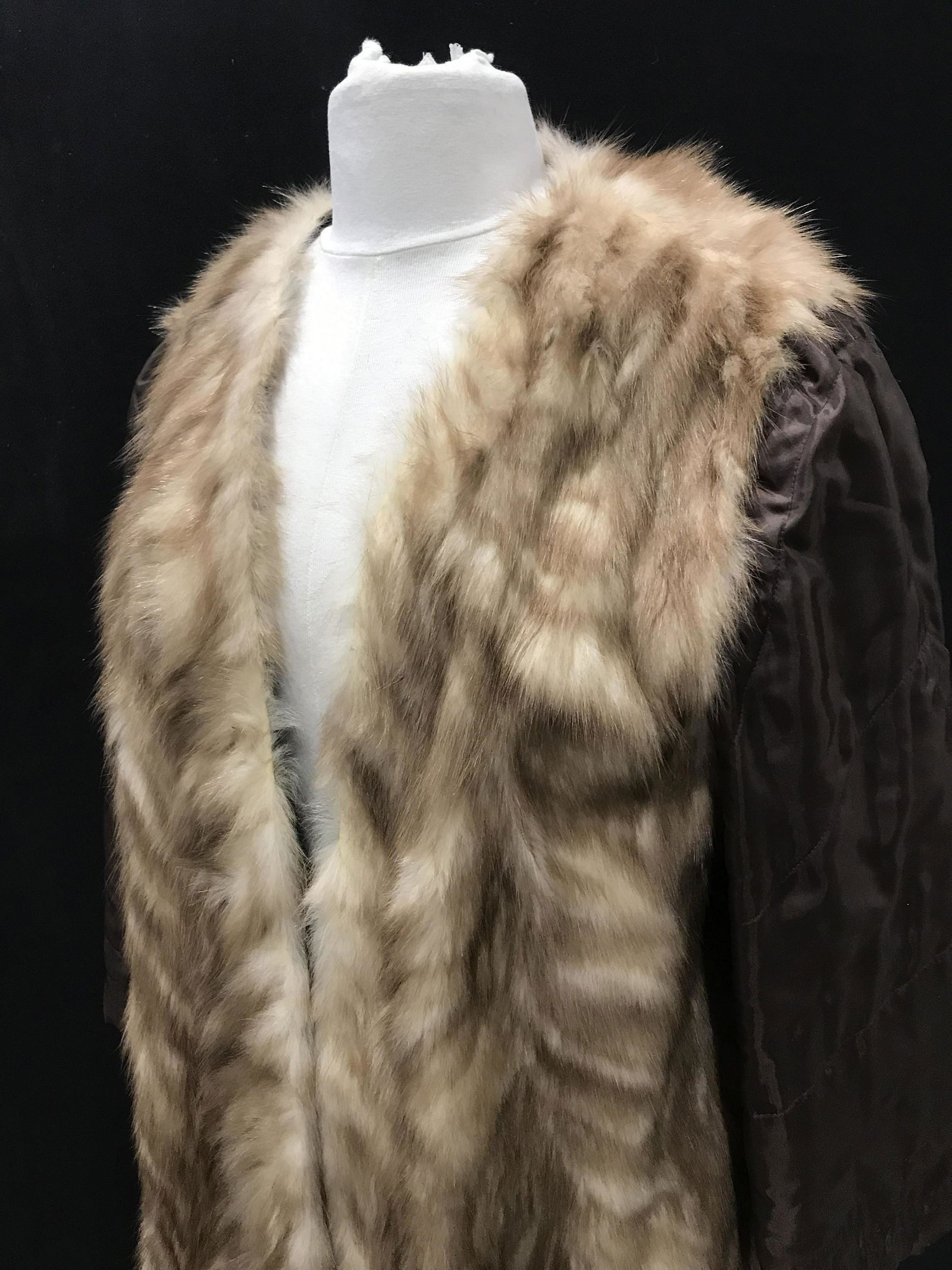Vintage Long Fur And Fabric Light Spring Coat: Authentic Fur Coat ( possibly Fox), interior lined, 46 in. long, sleeves 21 in Long from seam, size M. Appears to have been an outer lining for a piece that snapped inside. Property of an Upper East a