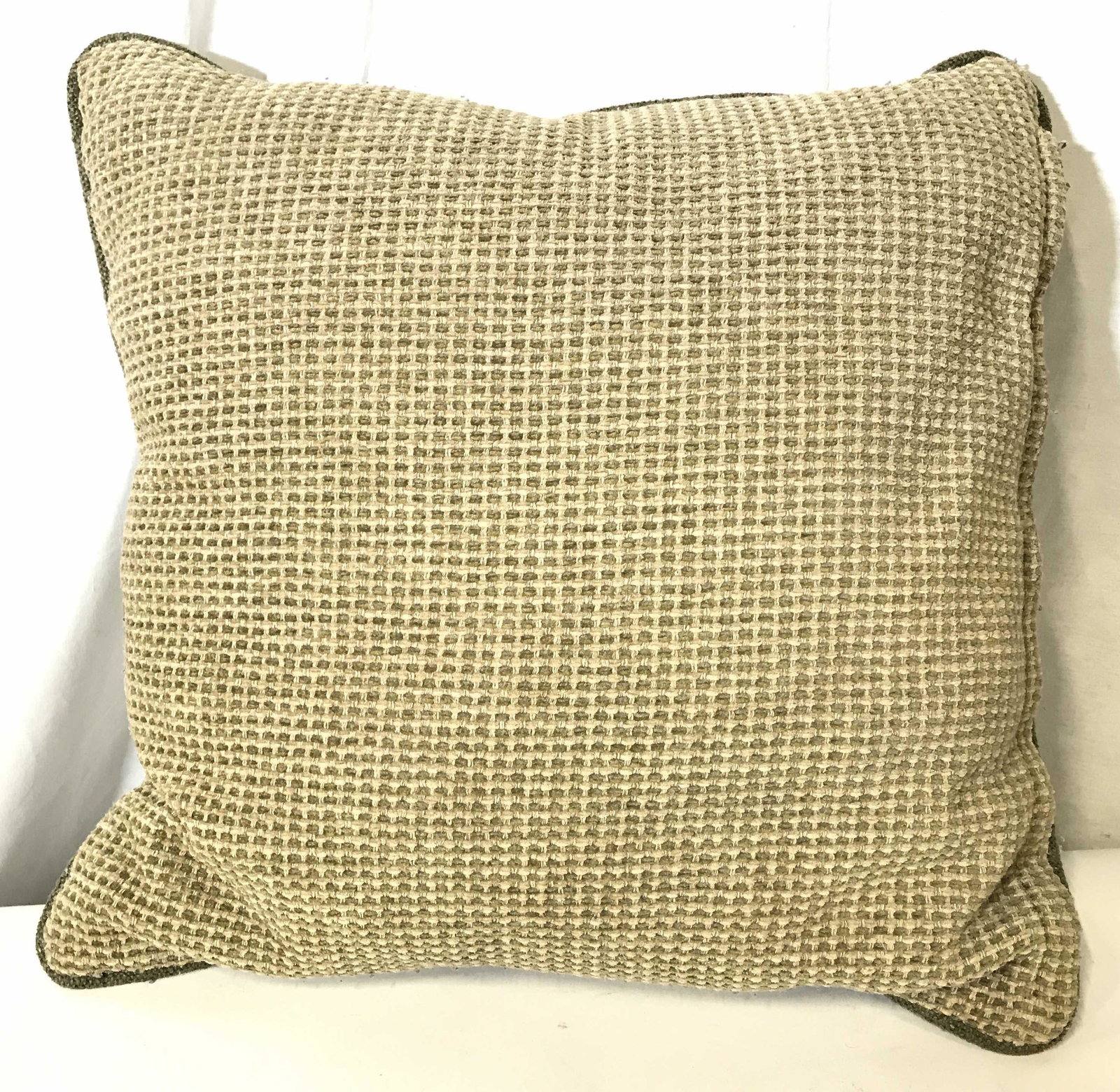 Pair Olive & Sand Toned Pillows: Pillows are olive & sand toned. Each measures approx 17.5 inches square. Pillows, throw pillows, green pillows, sofa pillows, couch pillows. home decor, home furnishings, decorative arts and accessori