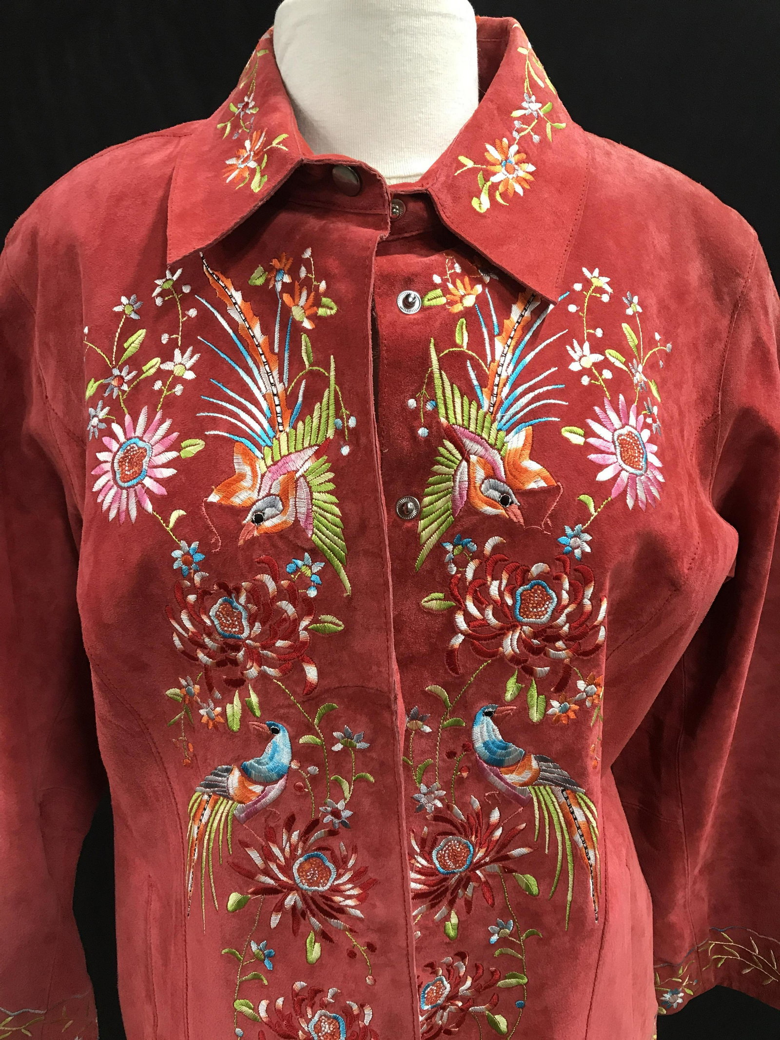 Avanti NY Red Embroidered Suede Jacket, Size M: Decorative Peacock and floral embroidery on lightweight authentic suede jacket, snap buttons, side pockets, fully lined ( except sleeve cuffs), length 25 in. Property of NYC Upper East Side Estate. Av