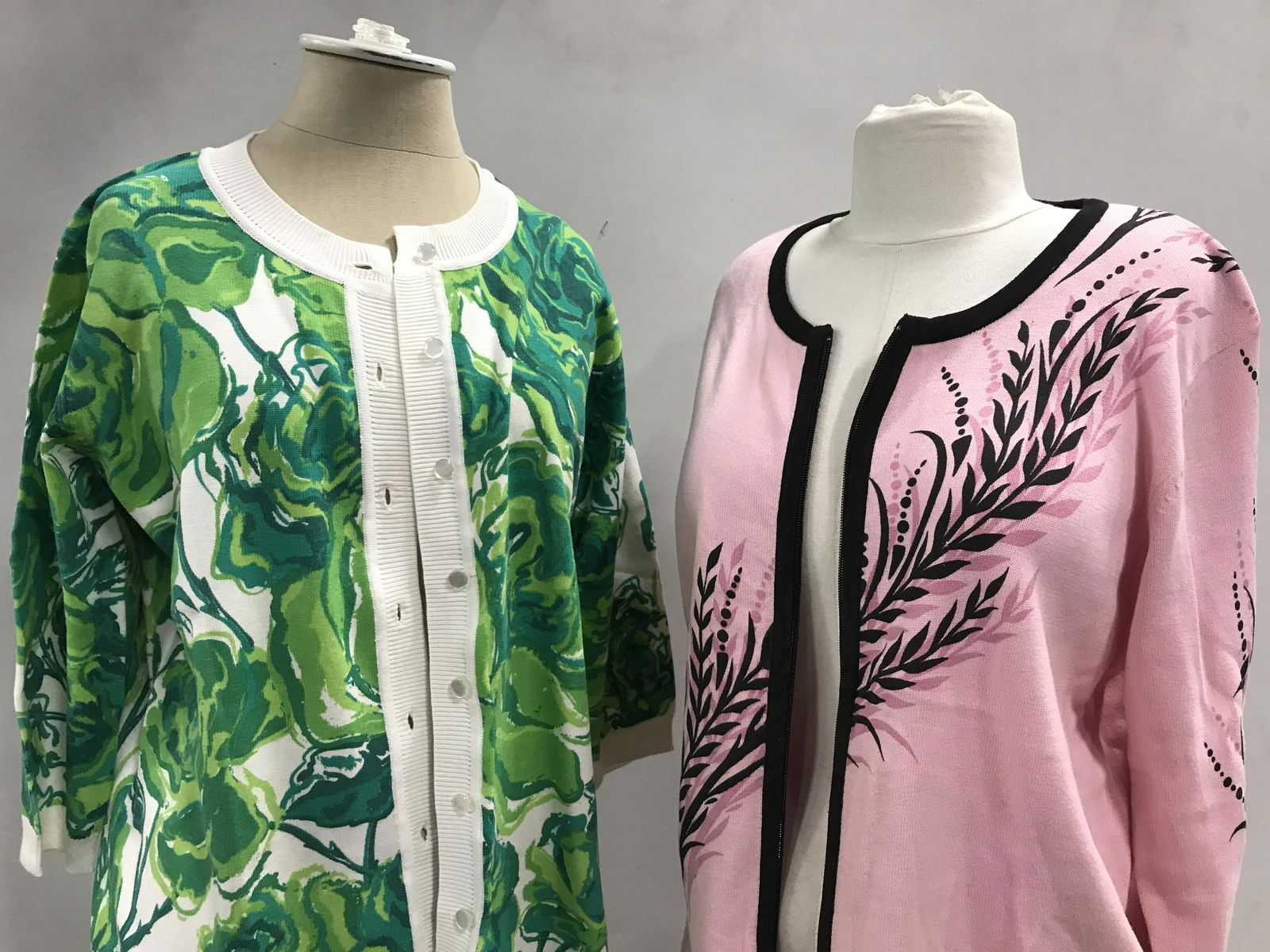 Lot 2 Bob Mackie Wearable Art Cotton Sweaters, Med: From his high-end ready-to-wear line. Button down green Rose pattern sweater with white trim. 3/4 sleeve. 60% Cotton, 40% acrylic. Zippered Pink Sweater with Fern-Like design in black and deeper pinks