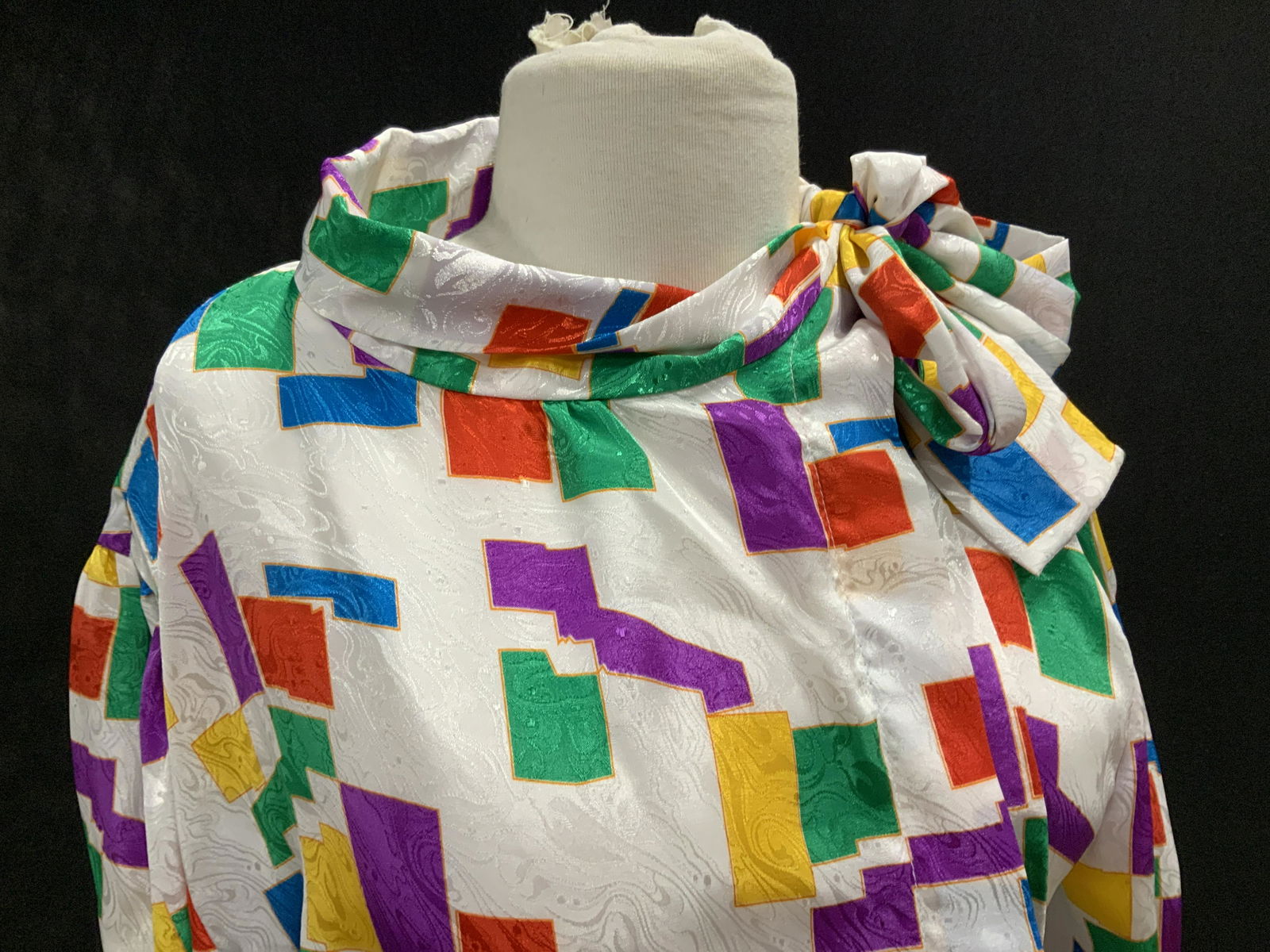 Vintage Knights Ltd. Colorful Block Dress Blouse: size 10 ladies blouse with attached decorative scarf, c. Late 1980s and trending again. Button codes, plissé shoulder seams, tone on tone marble fabric pattern under colorful cubes. Ladies Blouse, Si