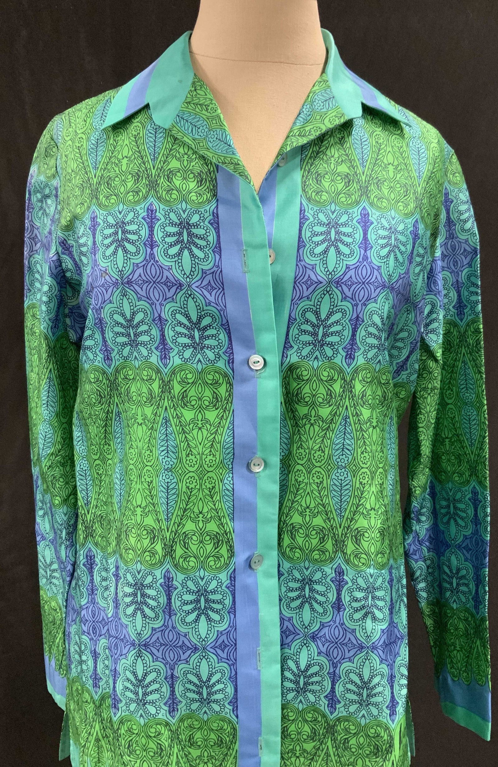 Signed Vintage VERA Silk Long Sleeve Blouse, sz 10: Indo- Asian pattern outlined in navy on aqua, periwinkle and green silk. Collar shirt, button down, flat cuffs. Couple light spots. Original designer label and signed lower left. Silk Blouse, Vintage