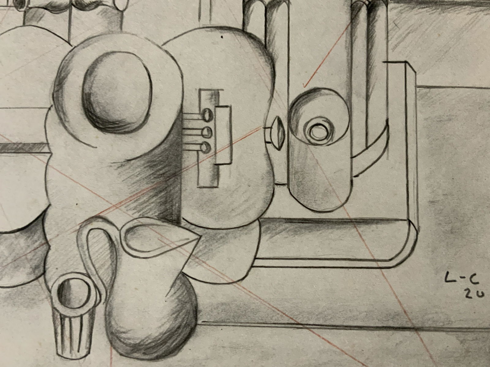 Signed Pencil Drawing on Paper AFTER Le Corbusier: Signed Pencil Drawing on Paper, initialed lower right corner L-C 20 in pencil, reverse stamp reads FRANCE, reverse stamp reads Le Chat Noir 1881 Montmartre Paris, cubist style, constructivism, express
