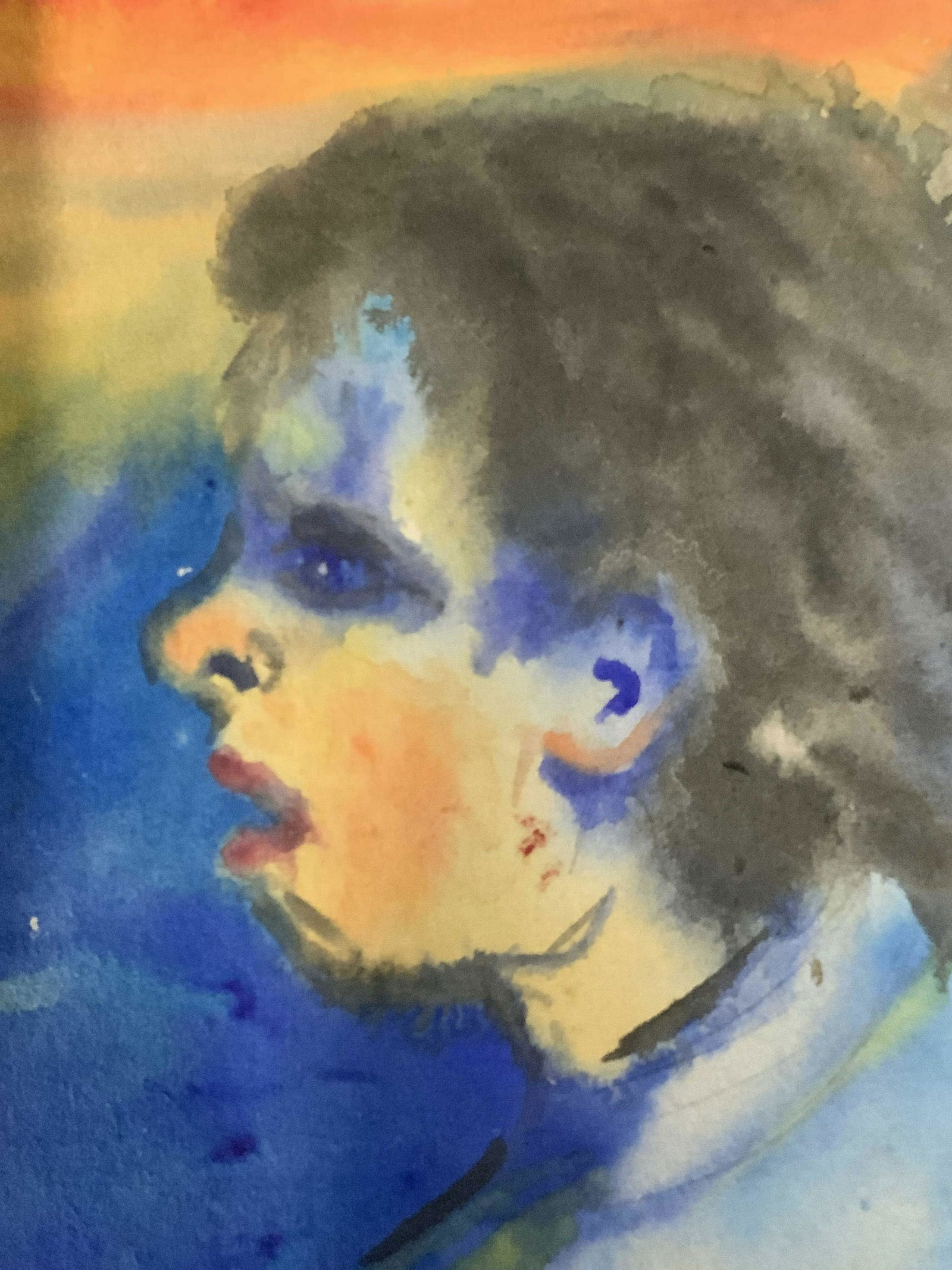 Signed Water Color on Cardboard AFTER Emil Nolde: Signed Water Color on Cardboard, stains to reverse, subject profile of a man, vivid Triadic color palette with black accents, not framed, measures 5 inches wide by 6.5 inches tall, attributed to Emil