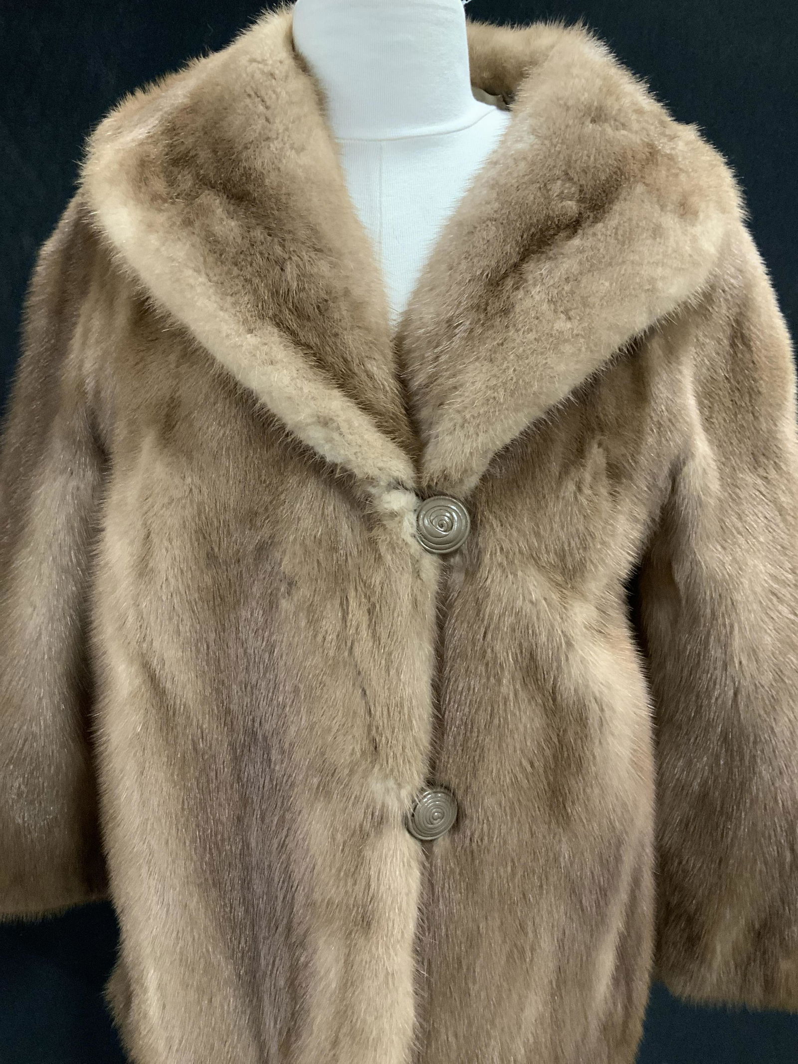Vintage Abraham & Straus Waist Mink Coat: light color Mink coat, hem measures to waist. Long shawl collar, original designer label, lined, sturdy sewn seams, 2 button closure. Front pockets. Fits size M. No fur or lining issues noted. Vintage