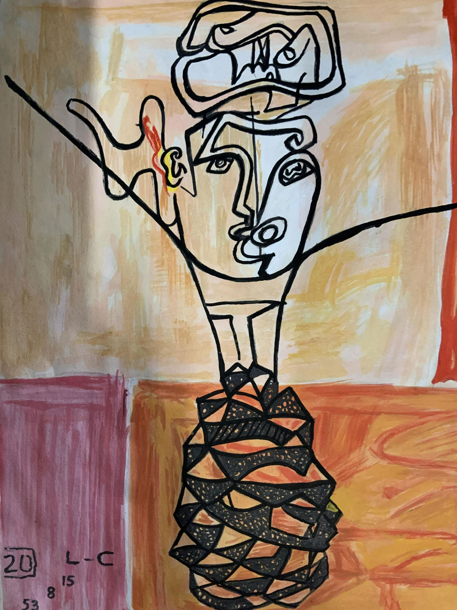 Signed Mixed Media Drawing AFTER Le Corbusier: Signed Limited Edition Mixed Media Drawing in marker/pencil and paint possibly watercolor on paper, signed lower left corner L-C, Numbered lower left corner 2D 15-8-53, subject cubist face sprouting f