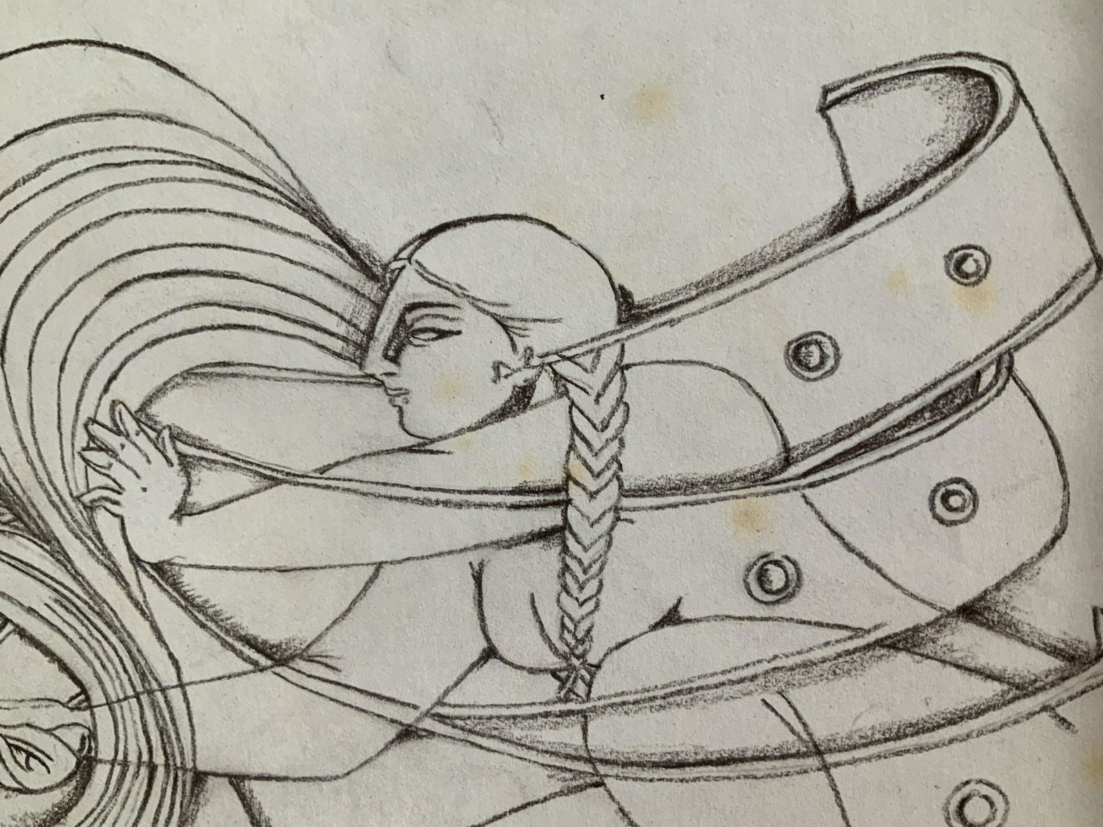 Signed Pencil Drawing AFTER Satish Gujral: Signed Drawing in Brown pencil on paper, subject nude woman and horse in abstract form, signed in marker lower left corner in Hindi, abstract expressionism in nature, some foxing and aging color to pa