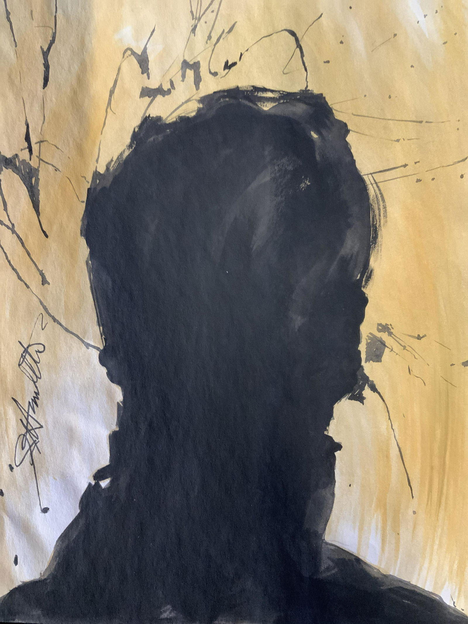 Signed Painting AFTER Richard Hambleton: Signed painting on paper, media possibly Gauche or watercolor, subject silhouette of man’s head, signed vertically lower left corner, binary palette of mustard orange and black, attributed Richard H