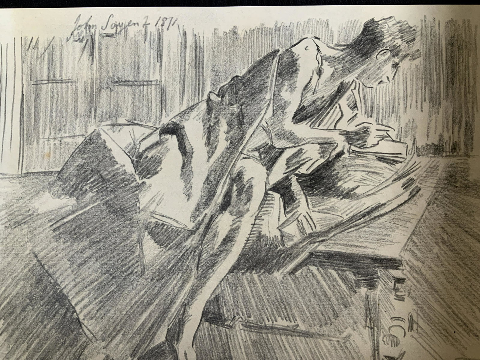Signed Pencil Drawing AFTER John Signer Sargent: Signed pencil drawing on paper, subject man on table with blanket, signed in pencil upper left corner John Sargent, dated upper left corner 1871, possibly antique, attributed to John Signer Sargent, A