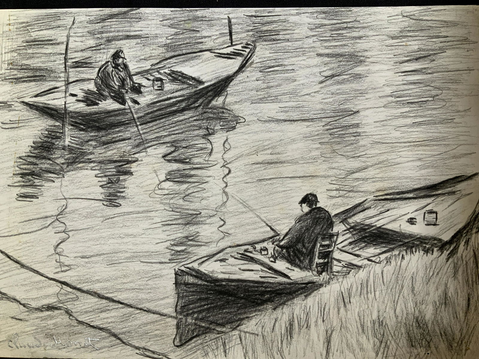 Signed Pencil Drawing AFTER Claude Monet: Signed Black colored pencil drawing on paper, subject two row boats fishing in a river, signed in pencil lower left corner Claude Monet, attributed to Claude Monet, All lots that do not carry establis