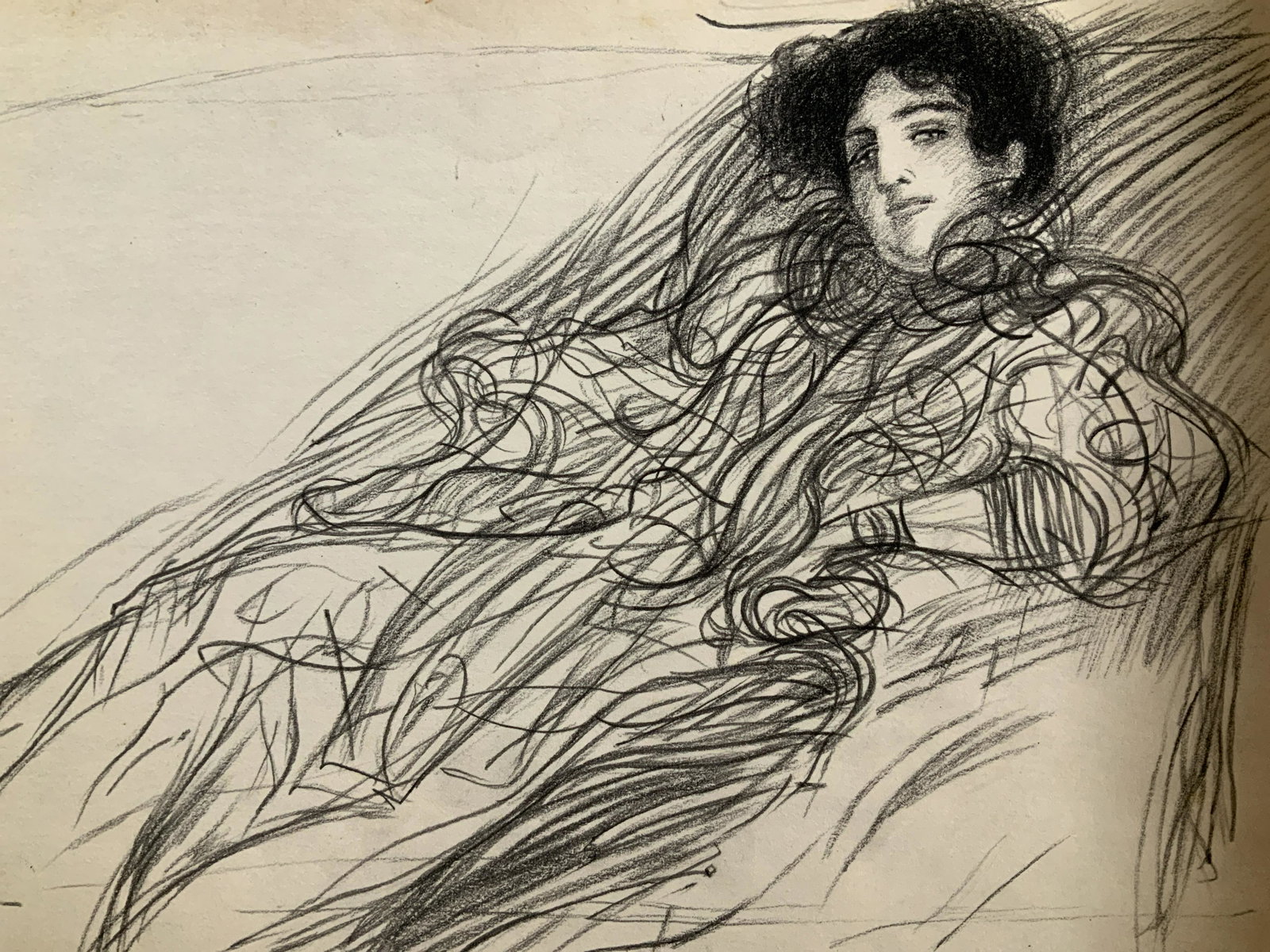 Signed Graphite Drawing AFTER Gustav Klimt: Signed graphite drawing on paper, subject reclining woman, signed lower right corner in pencil Gustav Klimt, dated lower right corner ‘96, attributed to Gustav Klimt, All lots that do not carry esta