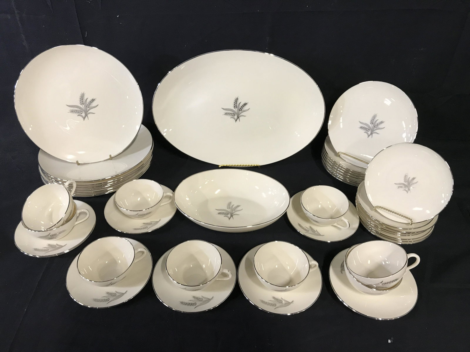 Set 44 LENOX Symphony Porcelain Ceramic Service: Set 44 LENOX Symphony Porcelain Ceramic Service, cream toned base and silver toned wheat design with silver toned rim, marked on underside Symphony By Lenox E536 made in USA, 1 platter, 1 bowl, 8 dinn